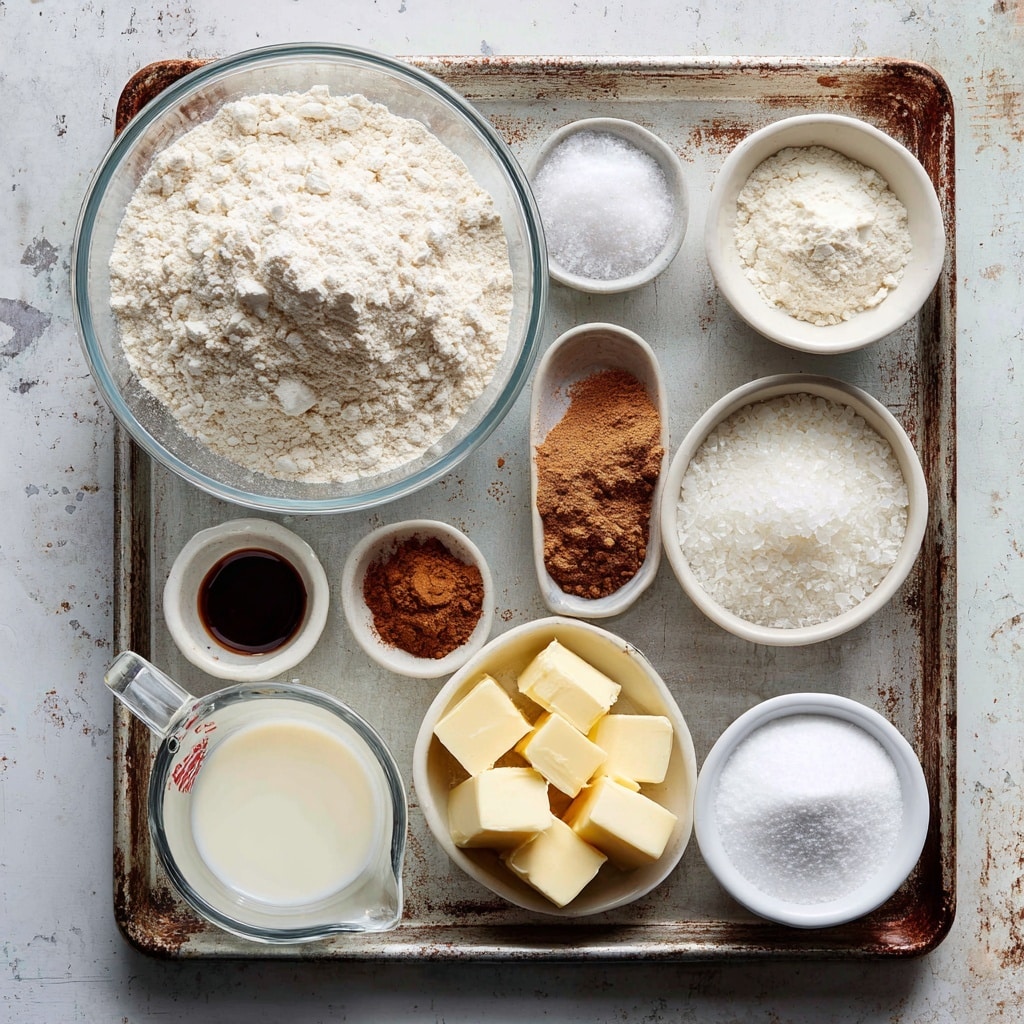 The image shows a baking tray with several white bowls and clear glass containers placed on it, each filled with different ingredients. In the top left, a large clear glass bowl holds a mound of all-purpose flour with a soft, powdery texture. To its right, a small white bowl contains baking powder, looking like fine white powder. Below that, a small uneven white bowl is filled with light brown cinnamon powder. Next to it, another small uneven white bowl has dark brown vanilla extract. In the center, a clear glass bowl is filled with granulated sugar, its crystals pale and sparkling. Below the sugar, a small white bowl contains vegan butter, made up of soft, creamy yellow blocks. To the bottom right, another white bowl is filled with white powdered sugar, fluffy and light. On the left side of the sugar bowl, a clear glass measuring cup holds creamy off-white oat milk, smooth in texture. Above the oat milk, a tiny white bowl has some white salt crystals. The baking tray and the background beneath all the items have a worn, metallic look, but the surface is shown as a white marbled texture. photo taken with an iphone --ar 4:5 --v 7