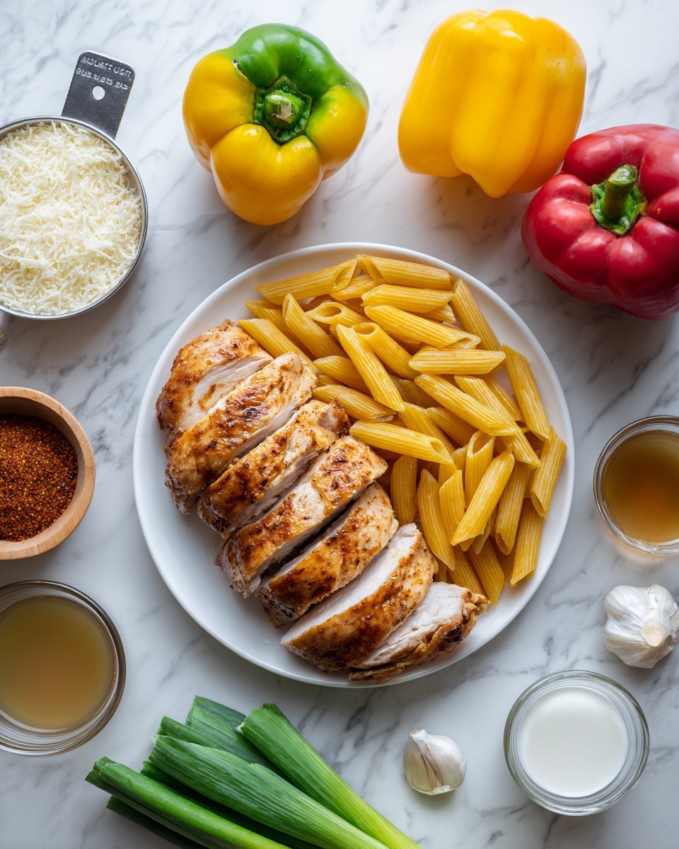 A white round plate with several slices of cooked chicken with golden brown skin is set at the top right corner. Below and to the left, a white bowl filled with uncooked yellow penne pasta sits on a white marbled surface. Around the bowl, three whole bell peppers colored yellow, red, and green are arranged near a wooden bowl of reddish jerk seasoning. To the left, a metal measuring cup holds grated parmesan cheese, and a small clear glass container filled with white cream is placed beside a small glass cup containing vegetable stock with a green tint. Two garlic cloves lie near the chicken plate, and a bunch of green onions with white bulbs rests on the top left side. A small clear glass cup with light brown oil is placed next to the chicken. All objects are clearly separated on the white marbled textured background photo taken with an iphone --ar 4:5 --v 7