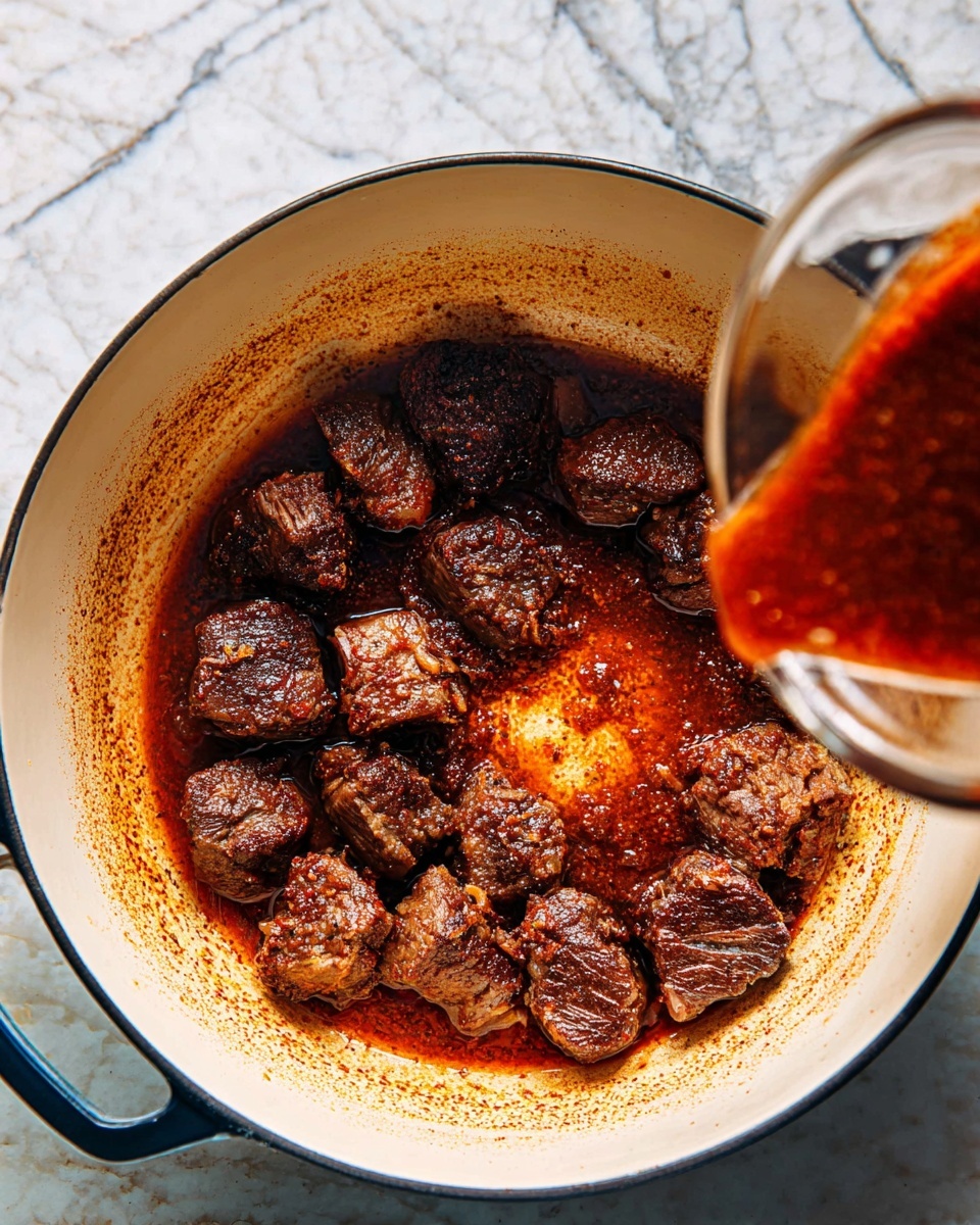 Beef Chile Colorado Recipe 5 A white pot with a dark rim is filled with dark brown, cooked meat pieces arranged in a ring shape around a pool of reddish-brown sauce in the center. The inside of the pot shows light brown stains from cooking. In the foreground, a woman's hand holds a glass container pouring more of the thick, reddish sauce into the pot. The background surface has a white marbled texture. Photo taken with an iphone --ar 4:5 --v 7