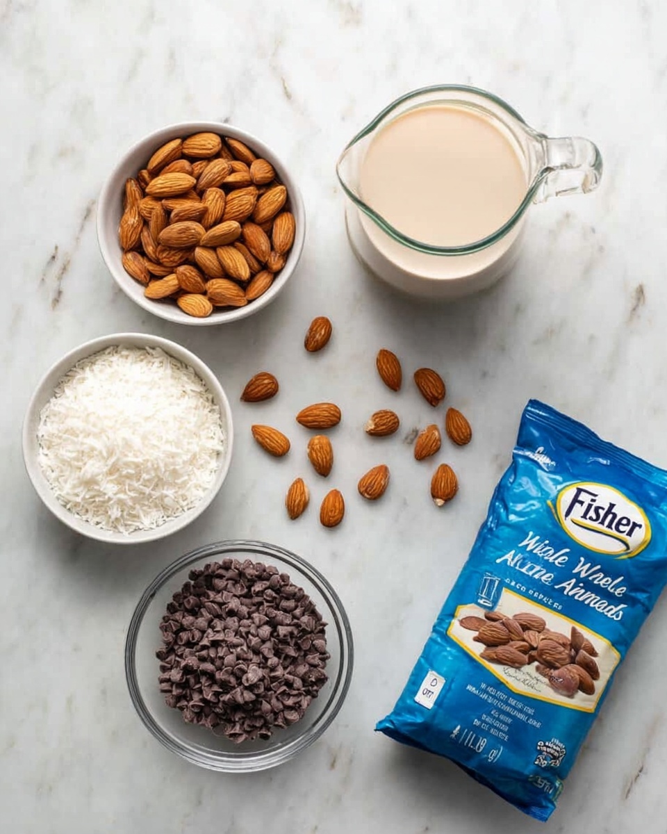 The image shows a flat lay on a white marbled surface with five items arranged neatly. At the top center is a clear glass pitcher filled with light beige almond milk. To its left is a small white bowl filled with whole almonds. Below the pitcher and almonds, on the left, is a larger white bowl filled with shredded white coconut. Next to the coconut bowl, slightly lower and centered, is a clear glass bowl filled with dark brown chocolate chips. On the right side of the image, there is a blue sealed bag labeled 