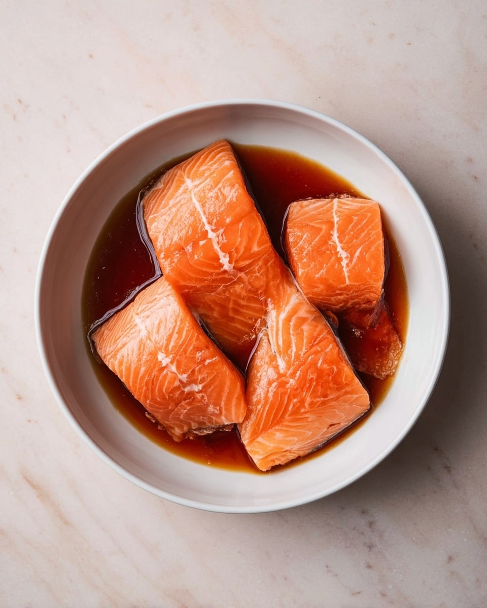 A white bowl holds four pieces of raw salmon fillets, each showing light orange and pink tones with visible white lines of fat. The salmon pieces lie flat and are partially covered by a dark reddish-brown sauce that pools around the fillets at the bottom of the bowl. The scene is set on a white marbled surface that gently contrasts with the rich colors of the salmon and sauce. photo taken with an iphone --ar 4:5 --v 7