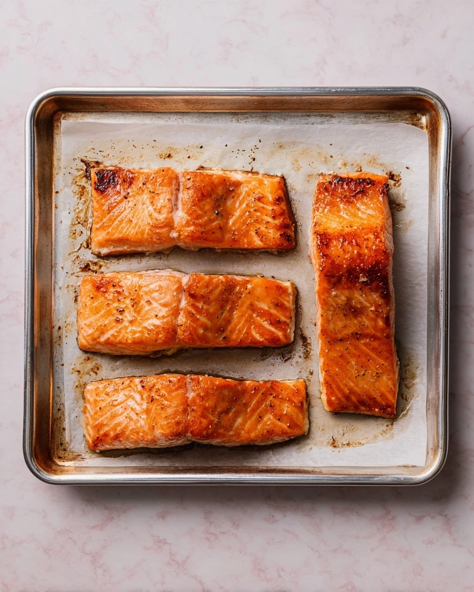 Four pieces of cooked salmon with a shiny orange color and slightly charred edges are placed side by side in a single row on a rectangular metal baking sheet lined with white parchment paper. The salmon fillets have grill marks and a slightly crisp texture, with juices and seasoning visible on the paper. The baking sheet shows some browned spots from cooking. The surface under the tray is a white marbled texture. photo taken with an iphone --ar 4:5 --v 7