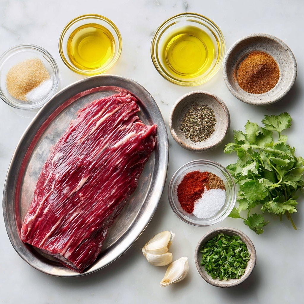 A metal tray holds a single large raw flank steak with a deep red color and white fat lines, positioned at the bottom left on a white marbled surface. Surrounding the tray, there are small glass and ceramic bowls with different ingredients: light yellow olive oil in a small glass bowl, light brown brown sugar in another glass bowl, coarse black pepper in a small metallic cup, bright red chili powder in a small bowl, darker brown cumin powder in a tiny ceramic bowl, bright red pepper flakes in a glass container, coarse white salt in a small gray ceramic bowl, pale green lime juice in a small glass bowl, bright green lime zest in another glass bowl, as well as three whole garlic cloves and a small bunch of fresh green cilantro. All items appear neatly arranged with clear labels above or beside each ingredient, on a white marbled background photo taken with an iphone --ar 4:5 --v 7