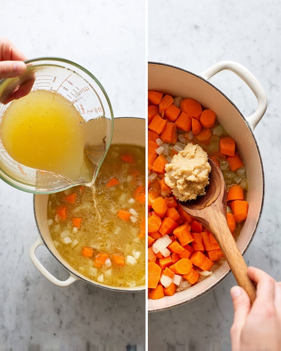 The image shows a white pot from above on a white marbled surface. Inside the pot, there are bright orange carrot pieces and small white onion pieces, some submerged in a clear yellowish broth. In the left part of the image, broth is being poured into the pot from a clear glass measuring cup, and a wooden spoon rests inside the pot. In the right part of the image, a woman's hand holds a wooden spoon with a large dollop of thick beige paste above the pot with simmering broth, carrot, and onion pieces visible below. Steam rises gently from the pot. Photo taken with an iphone --ar 4:5 --v 7