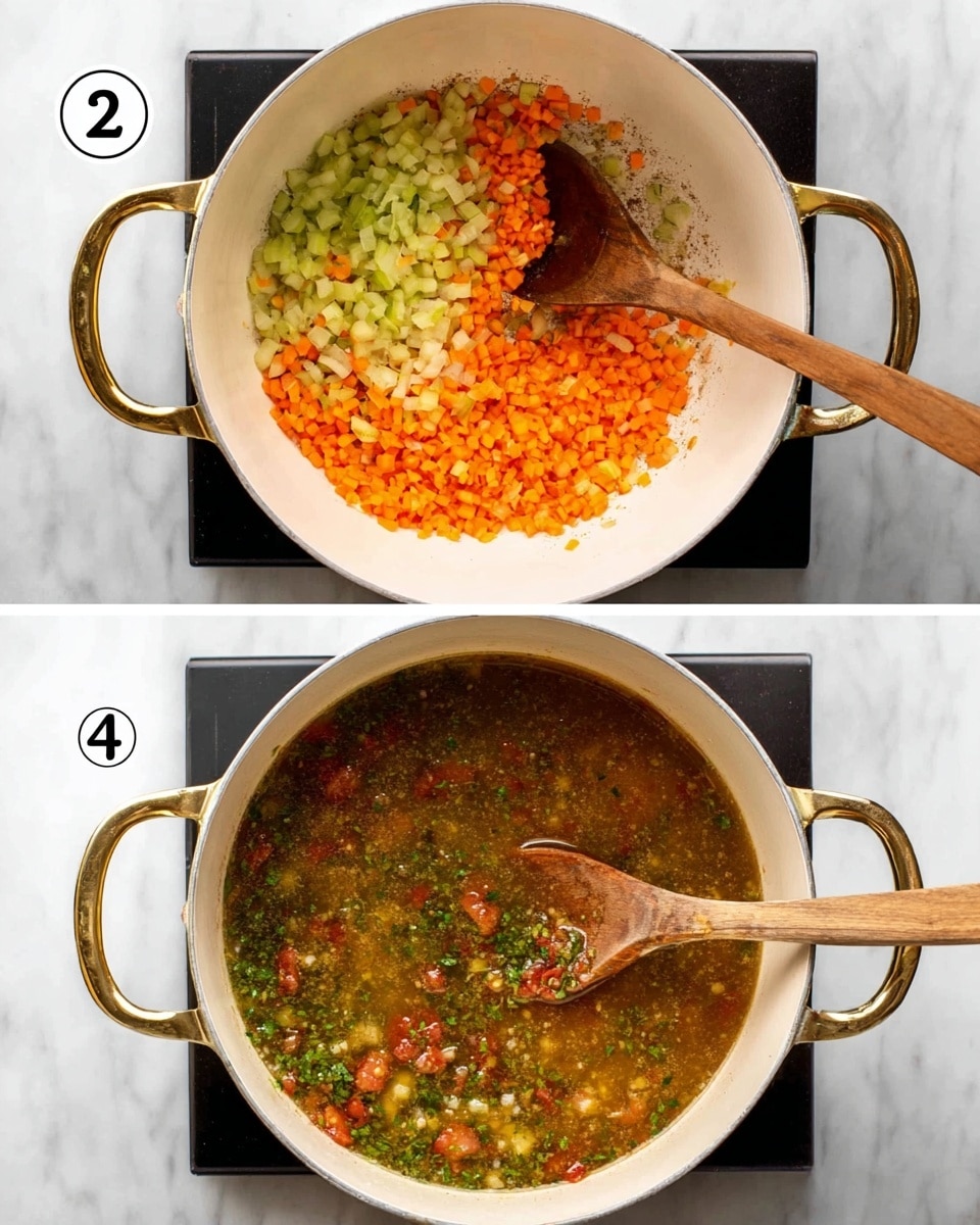 The image shows two steps in cooking inside a white pot with gold handles on a black cooking surface, over a white marbled background. In the first step, there is a mix of finely chopped orange carrots, green celery, and white onions lightly cooked inside the pot, with a wooden spoon stirring them on the right side. The second step shows the same pot filled with a brownish broth mixed with green herbs and some red tomato pieces, with the wooden spoon resting inside on the right. photo taken with an iphone --ar 4:5 --v 7