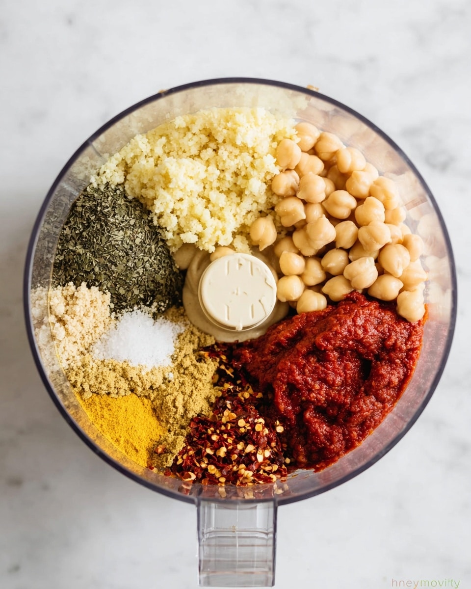 A clear food processor bowl contains eight distinct layers arranged side by side, each showing different ingredients in a circular pattern. Starting from the top left and moving clockwise, there is a pale yellow crushed garlic layer with a soft texture, next to a cluster of smooth, light beige chickpeas. Adjacent to that is a small pile of dark green dried herbs, followed by a mound of white granulated salt. Below this is a bright yellow powder layer, next to small red chili flakes with hints of yellow seeds. Continuing counterclockwise, there is a large portion of dark red tomato paste with a thick texture, and finally a small amount of smooth, pale beige tahini in the center. The bowl sits on a white marbled surface. photo taken with an iphone --ar 4:5 --v 7