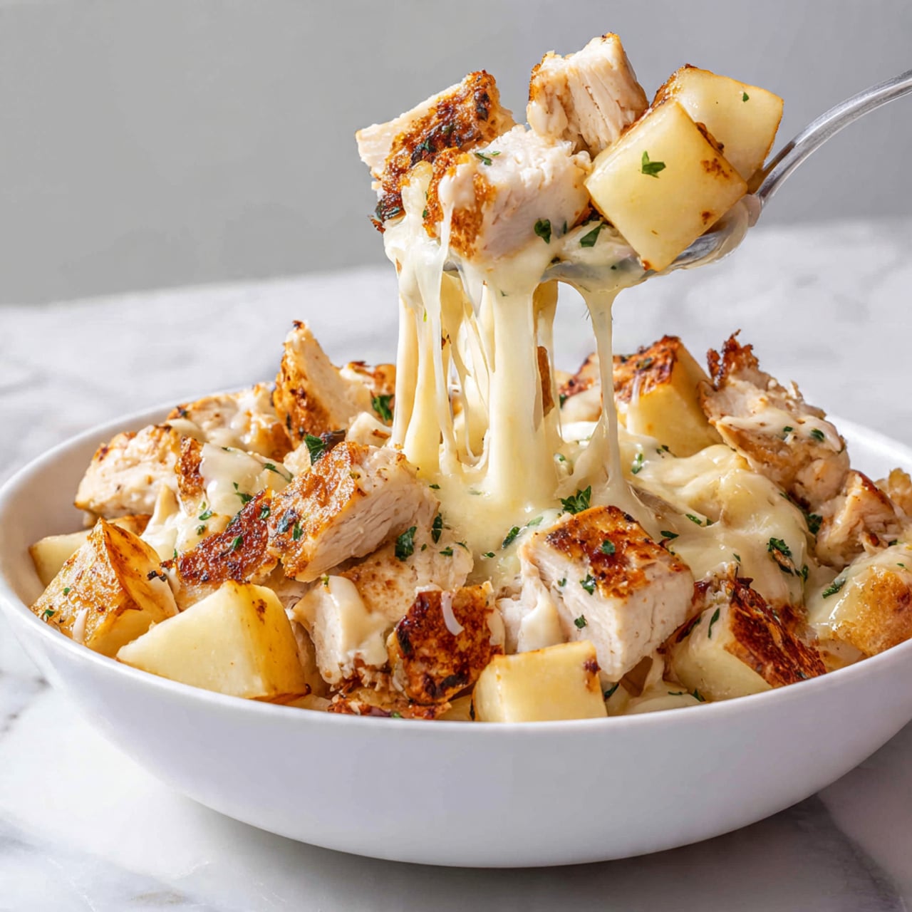 A white round pan filled with a dish that has two main layers: a bottom layer of golden brown roasted potato cubes with a slightly crispy texture and a top layer of molten, melted white cheese that is stringy and creamy, spread unevenly over the potatoes. Scattered on top are browned, seared pieces of chicken with a rough, slightly charred surface giving a toasted look. Green herb leaves, finely chopped, are spread over the whole dish adding small bright green color spots. The pan is placed on a white marbled surface. photo taken with an iphone --ar 4:5 --v 7