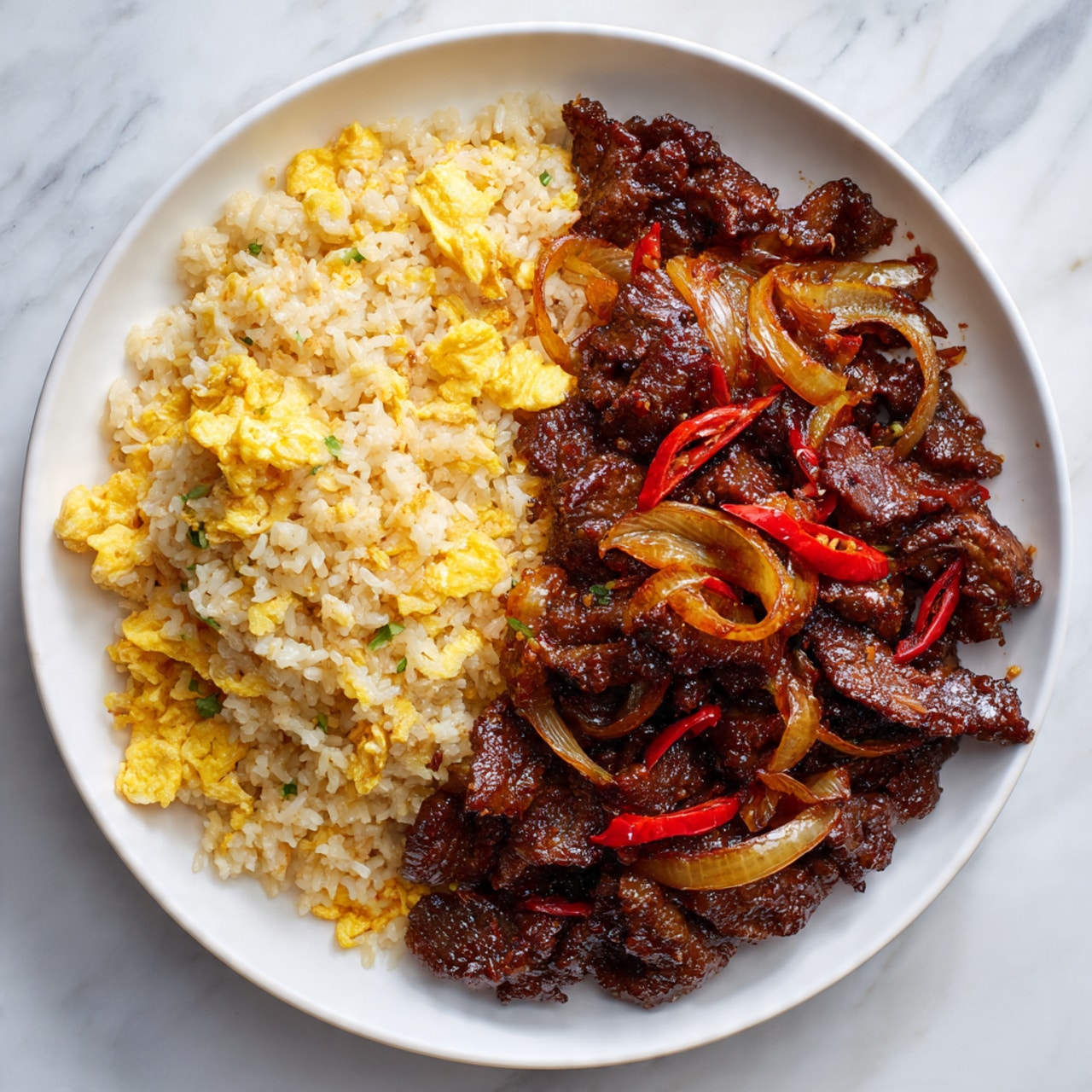 A round white plate filled with two main layers: on the left side, a layer of light tan fried rice with small bits of scrambled egg that are yellow and slightly fluffy; on the right side, a thick layer of dark brown stir-fried beef mixed with translucent caramelized onion slices and thin red chili pieces, all covered in a shiny sauce. The plate sits on a white marbled surface. Photo taken with an iphone --ar 4:5 --v 7