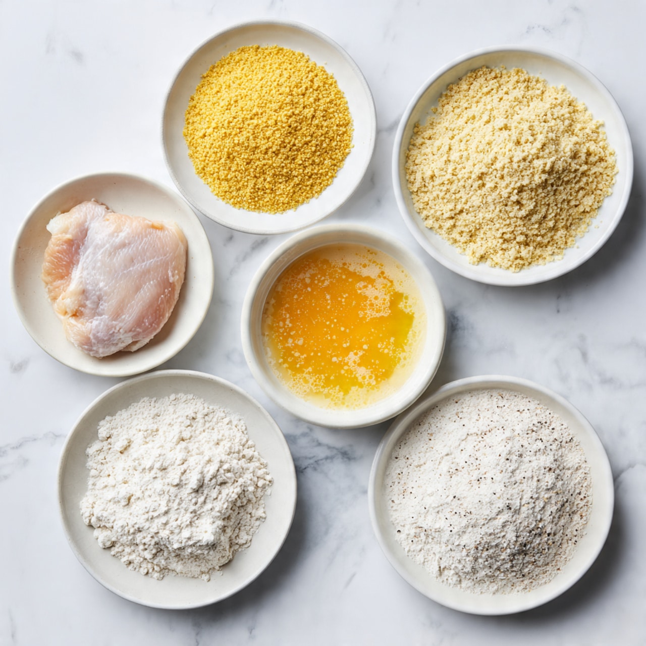 The image shows six white plates on a white marbled surface arranged in two groups of three. On the left, the top plate holds yellow breadcrumbs with a grainy texture, the middle plate contains a beaten egg mixture with bubbles and a yellow-orange color, and the bottom plate has white flour with small black specks, likely pepper. On the right, the top plate holds white flour, the middle plate shows a piece of raw chicken coated in flour resting in a beaten egg mix, and the bottom plate contains yellow breadcrumbs with a raw chicken piece on top. Photo taken with an iphone --ar 4:5 --v 7