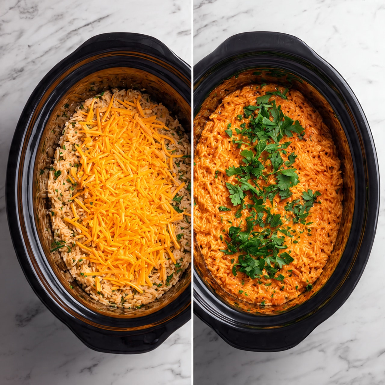 The image shows two stages of a dish inside a black slow cooker with a dark inner bowl. The top picture has a creamy, thick, white sauce with small green herb specks and pieces of light pink chicken submerged in the sauce. The bottom picture shows the finished dish, where the sauce has thickened and turned more textured with a golden-brown crust at the edges. The chicken pieces are visible on the surface, covered with a mix of white sauce and herbs, giving the dish a hearty and cooked appearance. The background surface is a white marbled texture. Photo taken with an iphone --ar 4:5 --v 7