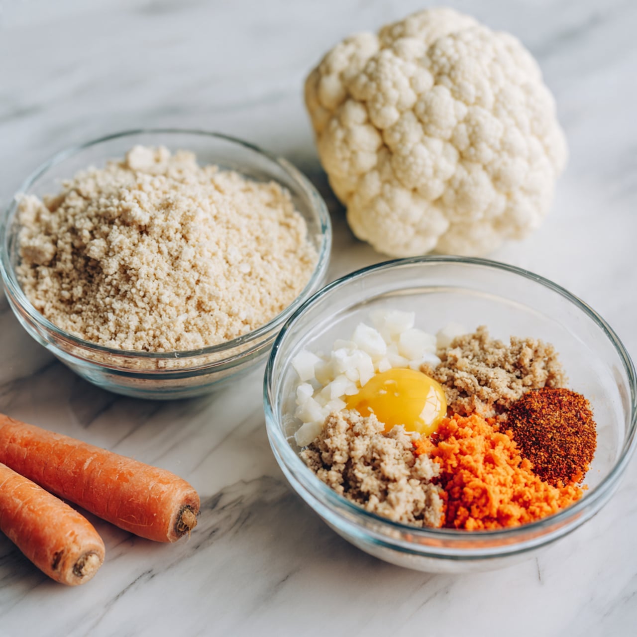 The image shows two round clear glass bowls on a white marbled surface. The left bowl is filled with a light beige crumbly mixture piled up, appearing soft and powdery with a slightly rough texture. The right bowl contains several distinct layers: in the bottom right, there is a mound of grated bright orange carrot, next to it on the left side is a white, small-cube-like ingredient, above is a raw yellow egg yolk with the white slightly visible, and to the right is a light beige minced meat mixture topped with brown spices and a light powdery seasoning on the far right side. A large cauliflower and some small orange carrots are visible near the bowls. photo taken with an iphone --ar 4:5 --v 7
