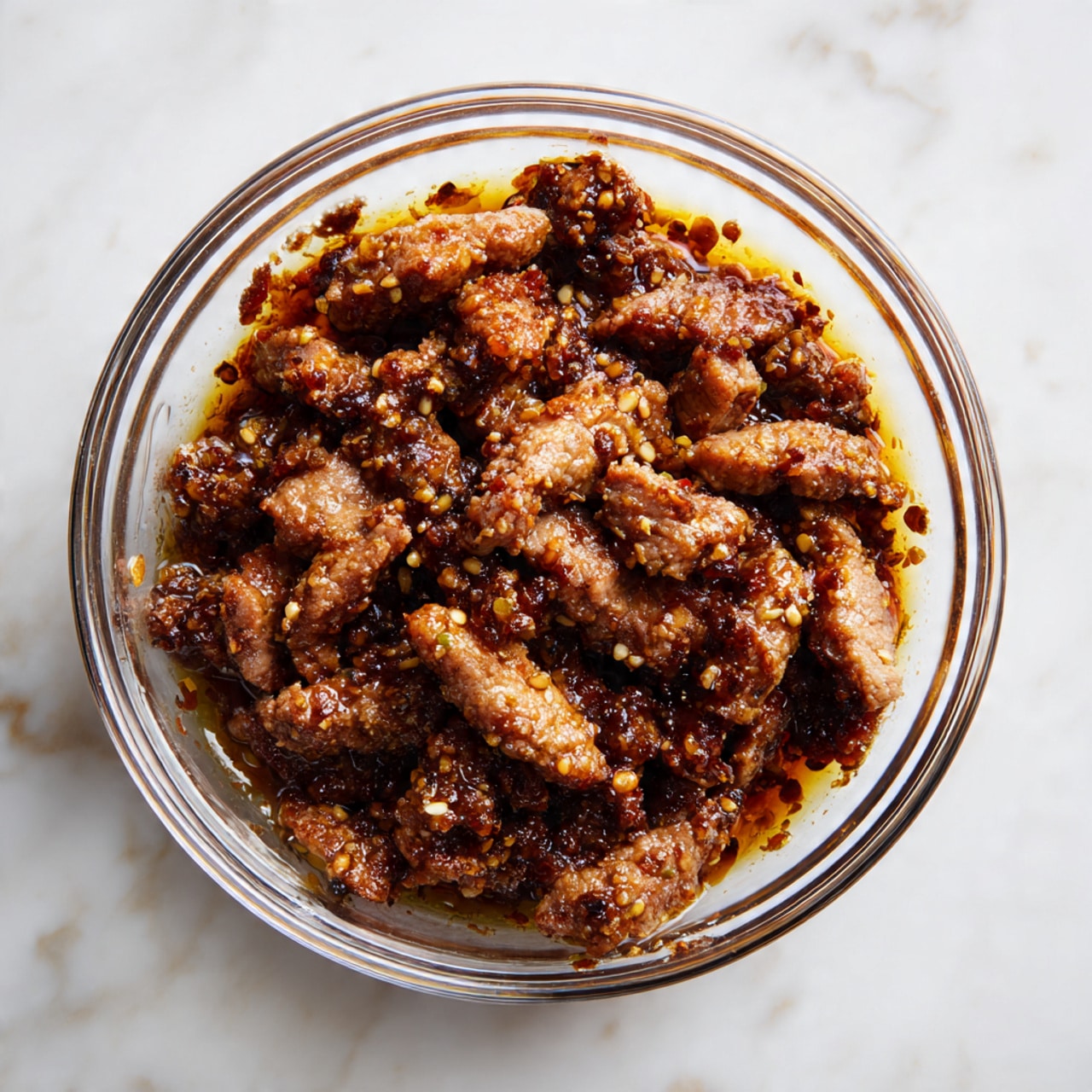 A clear glass bowl sits on a white marbled surface, holding thin pieces of light brown meat coated evenly with a slightly shiny, darker brown sauce. The meat pieces are layered loosely on top of each other, creating a textured and glossy look. The bowl is viewed from above, showing the meat covering nearly all the inside bottom of the bowl with sauce bits spread around the sides. Photo taken with an iphone --ar 4:5 --v 7