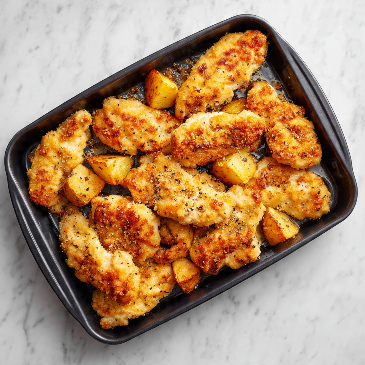 The image shows a black baking tray filled with several pieces of cooked chicken tenders that are golden brown with a slight crispy texture. The tenders are arranged irregularly, some overlapping, and there are small chunks of roasted potatoes scattered among them. The tray is placed on a white marbled surface with some small bits of seasoning and oil marks visible around the chicken. The tenders appear evenly cooked with a warm, appetizing color. photo taken with an iphone --ar 4:5 --v 7