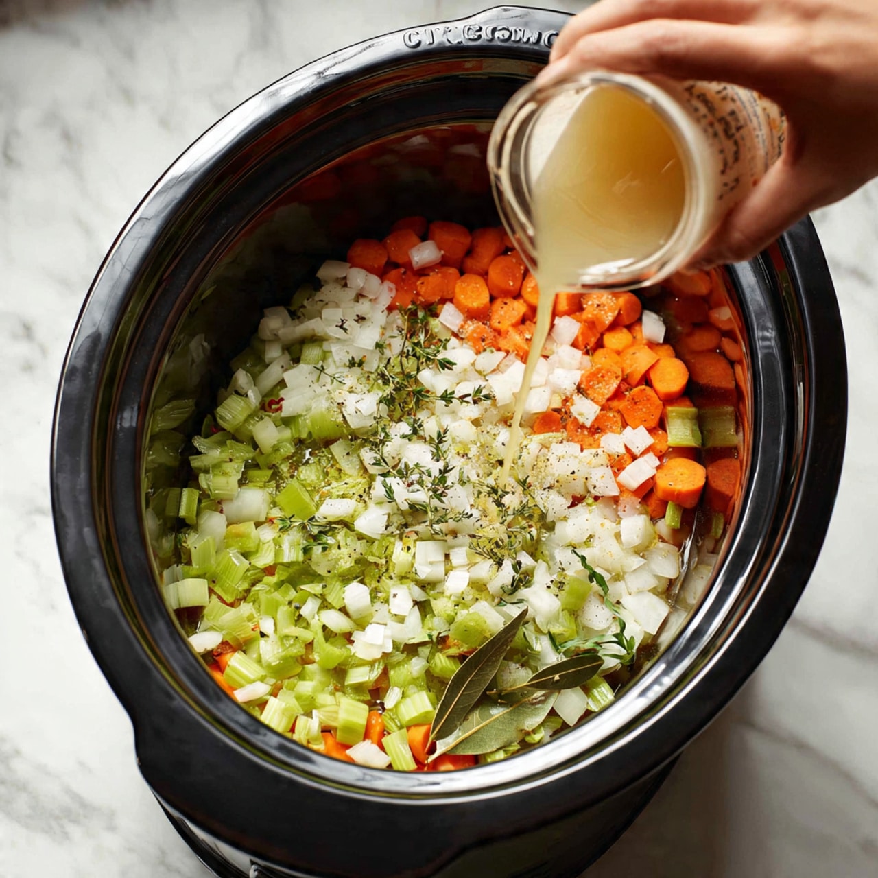 A close-up image of an open black slow cooker filled with layers of fresh vegetables and seasonings. The bottom layer shows chopped white onions and bright orange carrot slices spread evenly. On top of this layer, there are small pieces of green celery and herbs sprinkled throughout, including bay leaves and other green spices. From above, a woman's hand pours light beige broth from a carton into the cooker, mixing with the ingredients inside. The slow cooker rests on a smooth white marbled surface. Photo taken with an iphone --ar 4:5 --v 7