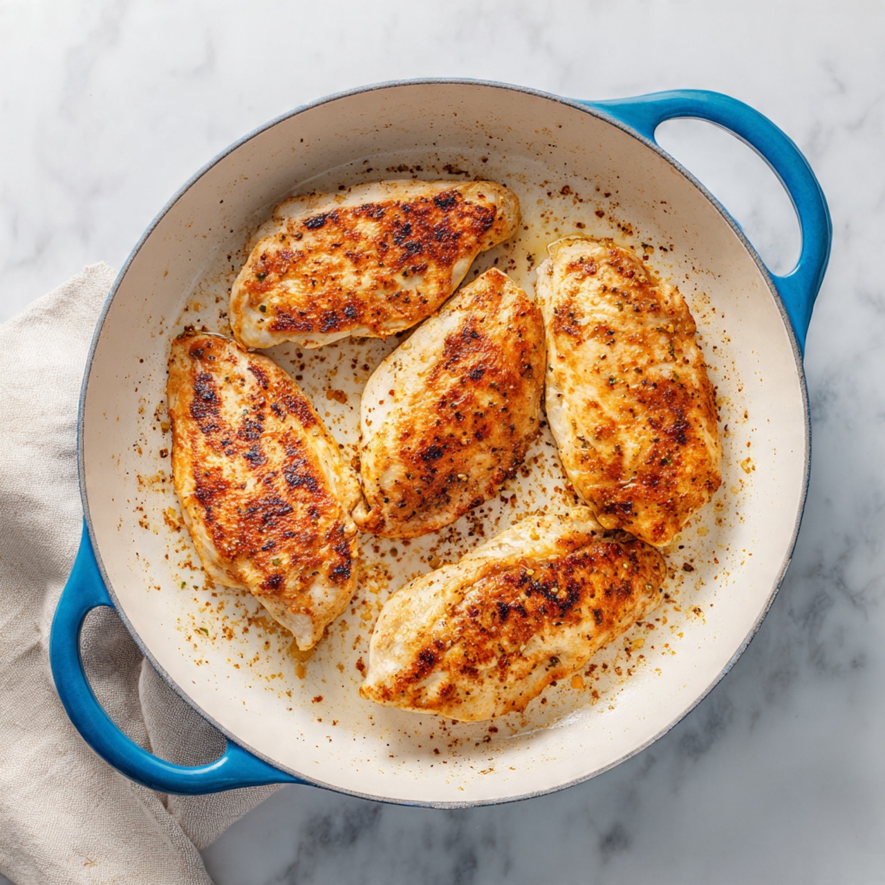 The image shows four cooked chicken pieces in a white cast iron pan with blue handles. The chicken pieces are golden brown with some light brown spots and a few small bits of seasoning scattered around them. The pan rests on a white marbled surface, with a light beige cloth partially visible under the pan's top left edge. The texture of the chicken looks slightly crispy on the outside but smooth overall. Photo taken with an iphone --ar 4:5 --v 7