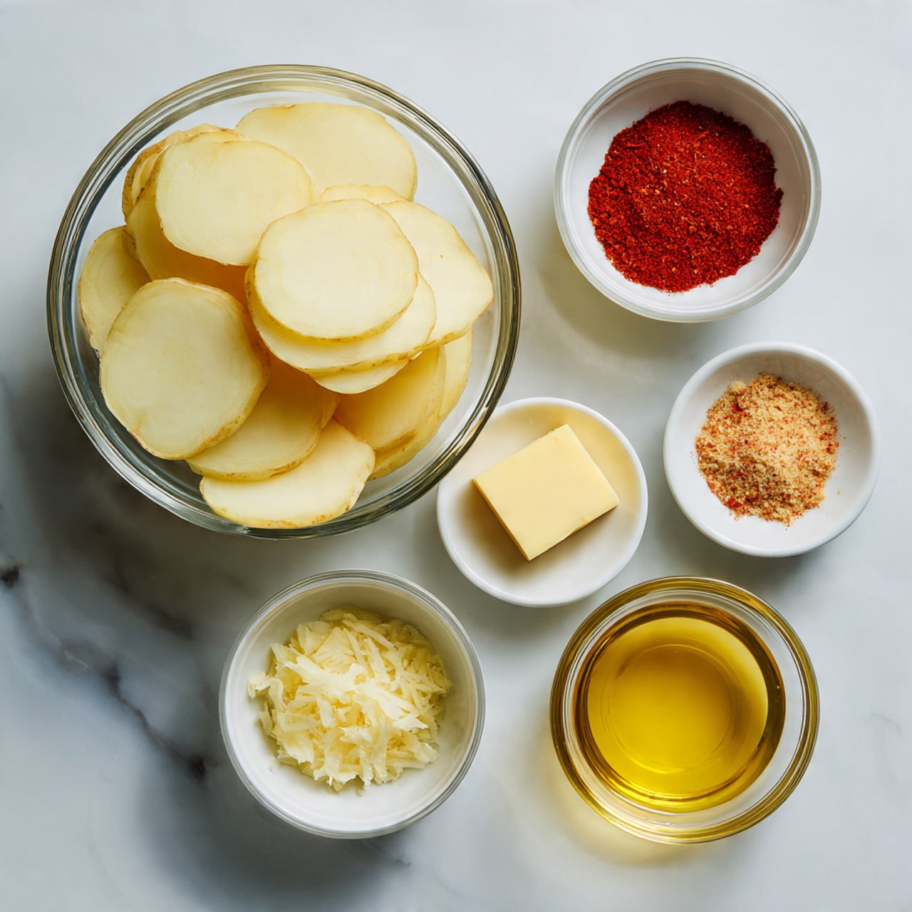 A clear glass bowl filled with pale yellow potato slices on the left side, next to four small white bowls arranged in a square on the right. The top left bowl contains bright red paprika powder, the top right has a square of light yellow butter, the bottom left holds finely grated pale yellow ginger, and the bottom right is filled with a golden-yellow oily liquid. All bowls and the glass bowl sit on a white marbled surface. photo taken with an iphone --ar 4:5 --v 7