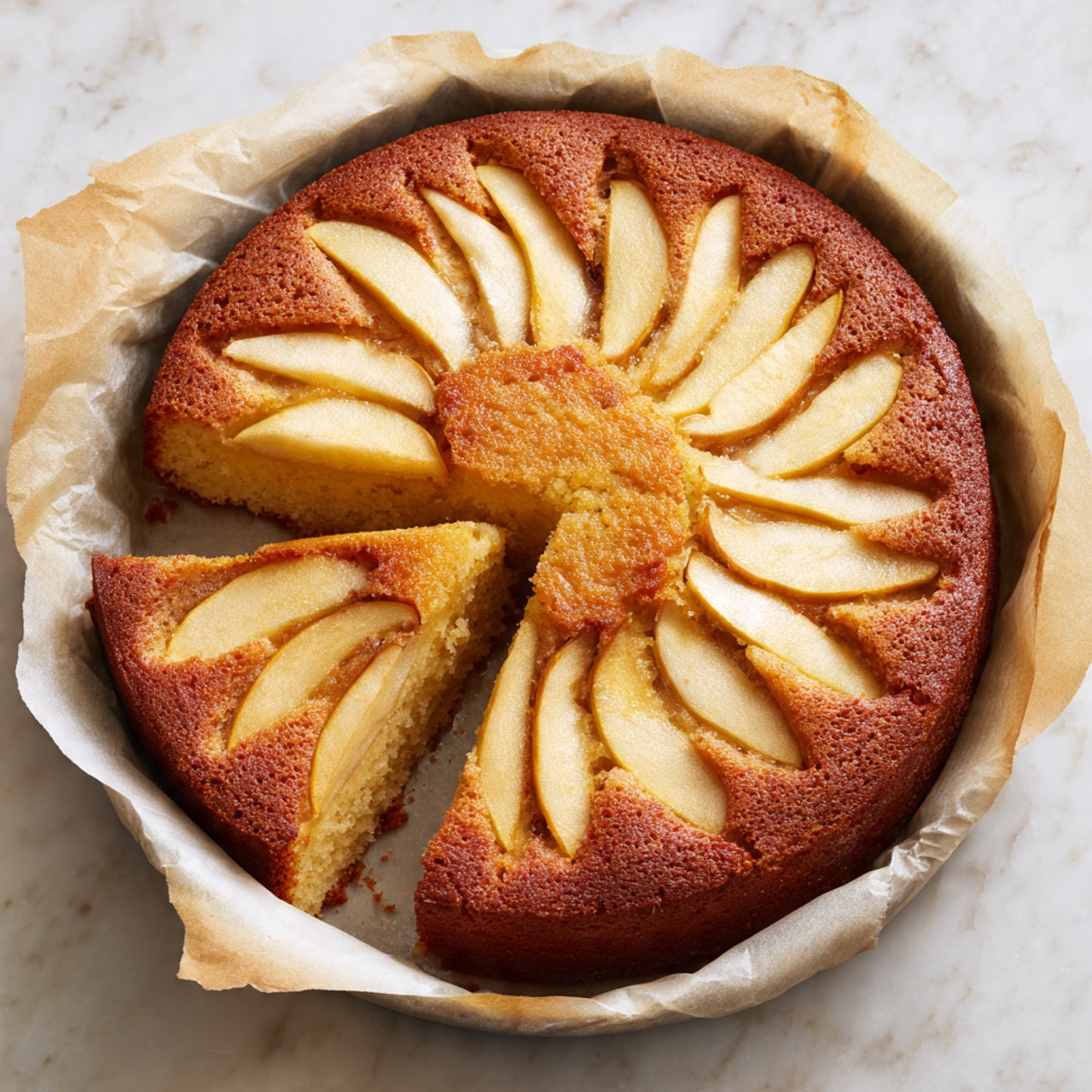 The image shows a round, golden-brown cake with a smooth top surface arranged with thin, slightly browned apple slices in a circular pattern radiating from the center. The cake is in a round baking pan lined with wrinkled white parchment paper, and one slice has been taken out, revealing a soft inside that matches the outer cake color. The cake and pan sit on a white marbled surface. photo taken with an iphone --ar 4:5 --v 7