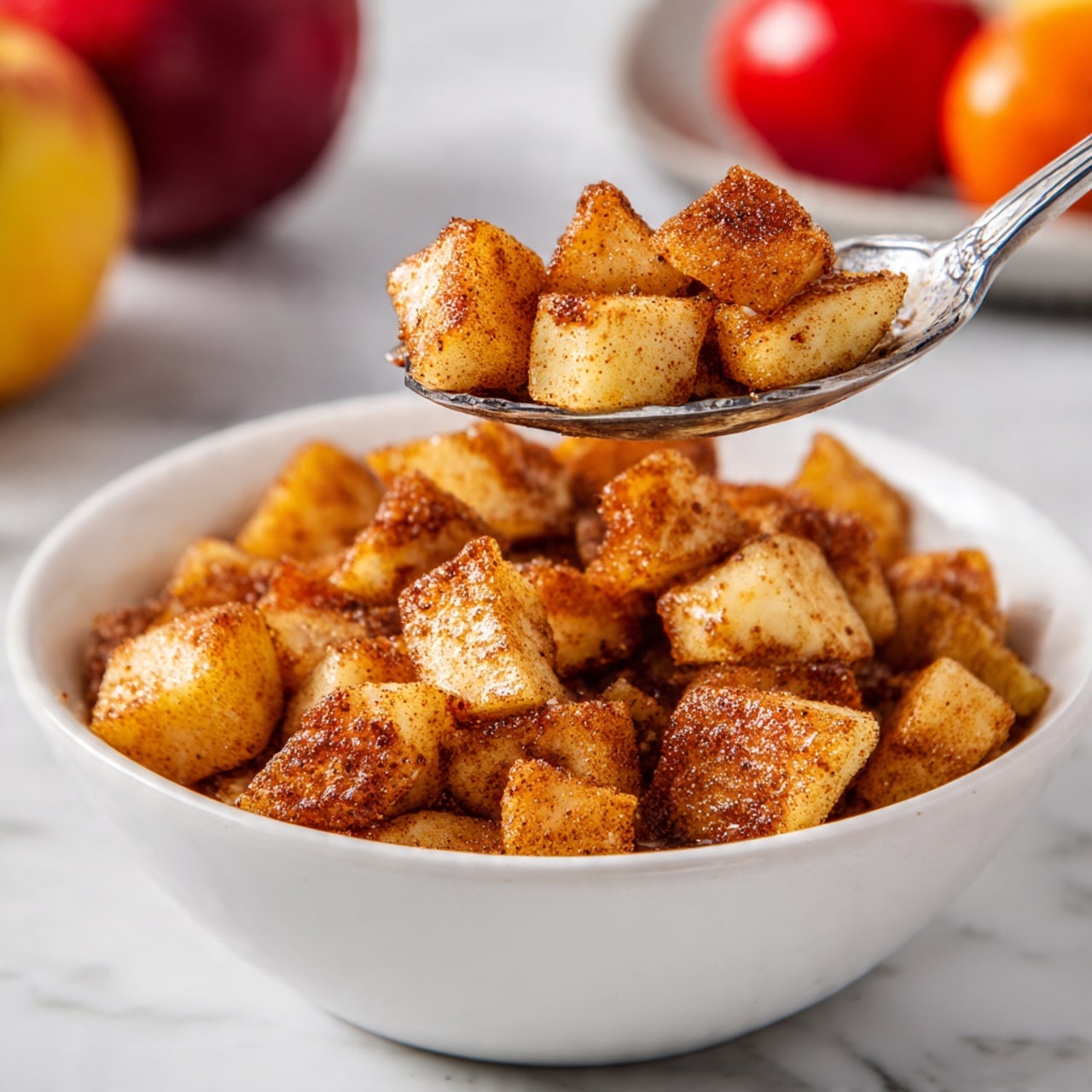 The image shows six steps on a white marbled surface for making a spiced apple dish. The first step has two whole apples, one red and one green, with their tops cut off and peeled on a brown wooden cutting board next to a knife and a peeler. The second step is a speckled white bowl filled with peeled, diced apples surrounded by three small bowls with brown sugar, honey, and spices. The third step shows a wooden spoon stirring the diced apples in the same bowl with the small bowls still above. The fourth step has the same bowl with brown sugar and spices added on top of the diced apples and a wooden spoon mixing. The fifth step shows the apples mixed and coated in spices and sugar, thickly covering each piece. The last image shows the seasoned diced apples inside the black basket of an air fryer ready to cook. photo taken with an iphone --ar 4:5 --v 7