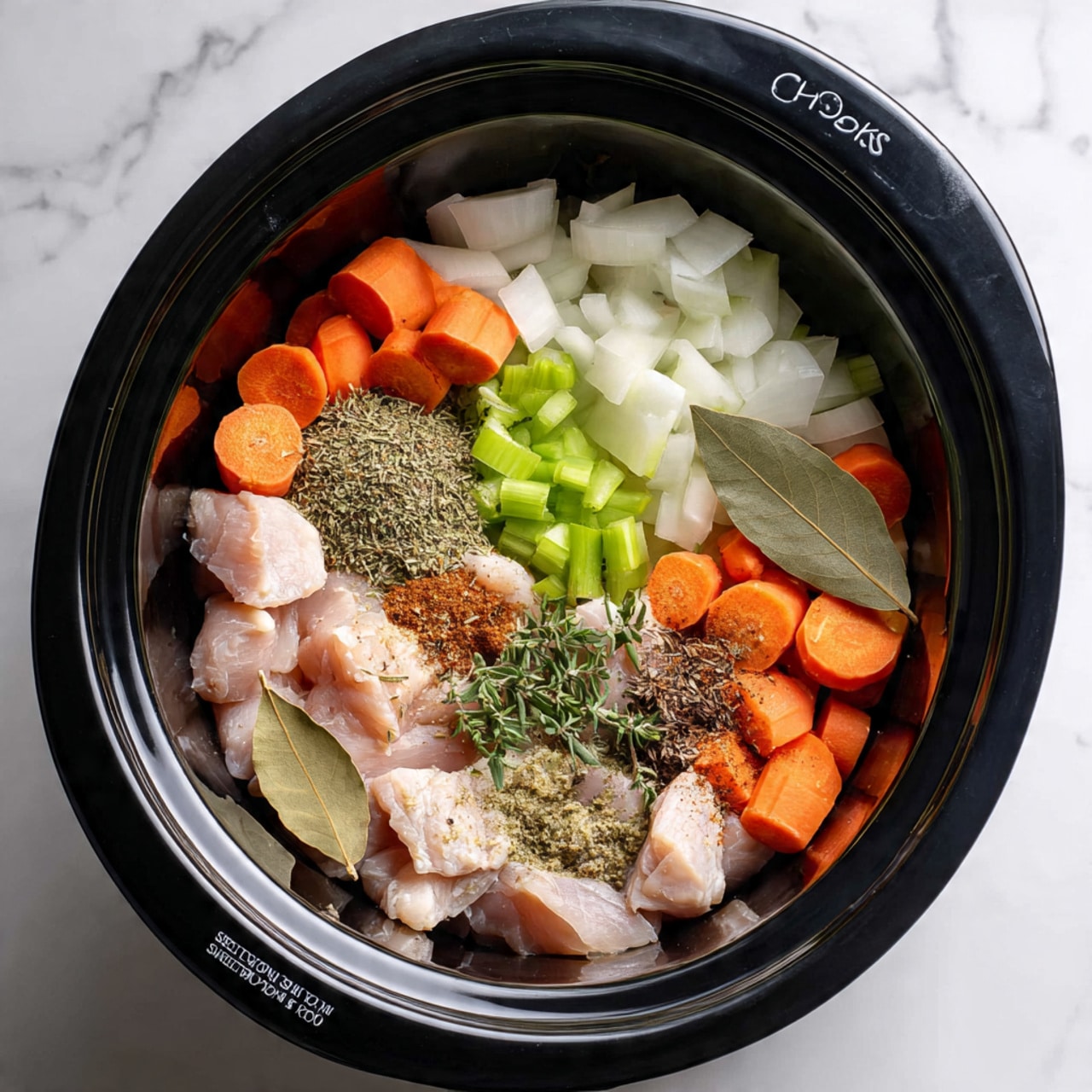 Inside a black slow cooker, there are multiple ingredients layered together. At the bottom, pieces of raw chicken are spread out, pale pink in color. On top of this, chunks of white onion are placed in one corner, with round orange carrot slices layered next to them. Near the carrots, chopped green celery pieces sit in a cluster. Scattered over the ingredients are dried herbs and spices, including small green leaves, light brown powder, and a few dark brown seeds. Two whole bay leaves lie on top near the carrots and onions. The overall scene is in a white marbled surface background. photo taken with an iphone --ar 4:5 --v 7