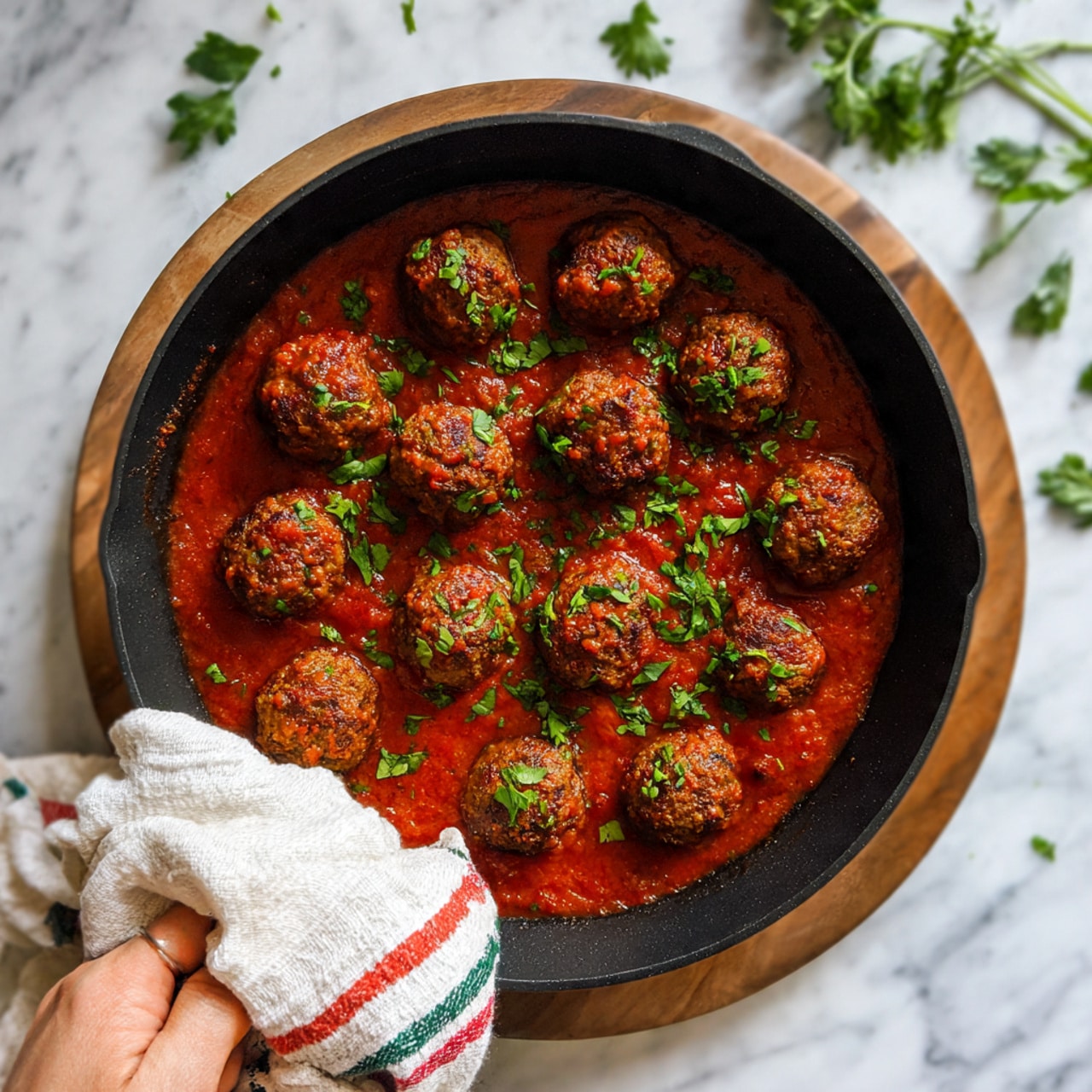 A black pan filled with a single layer of large, browned meatballs sitting in a thick, red tomato sauce, sprinkled with fresh green chopped herbs on top. The pan is placed on a round wooden board with a woman's hand holding the pan handle wrapped in a white cloth with red and green stripes. The background is a white marbled texture with some scattered green herb leaves. Photo taken with an iphone --ar 4:5 --v 7