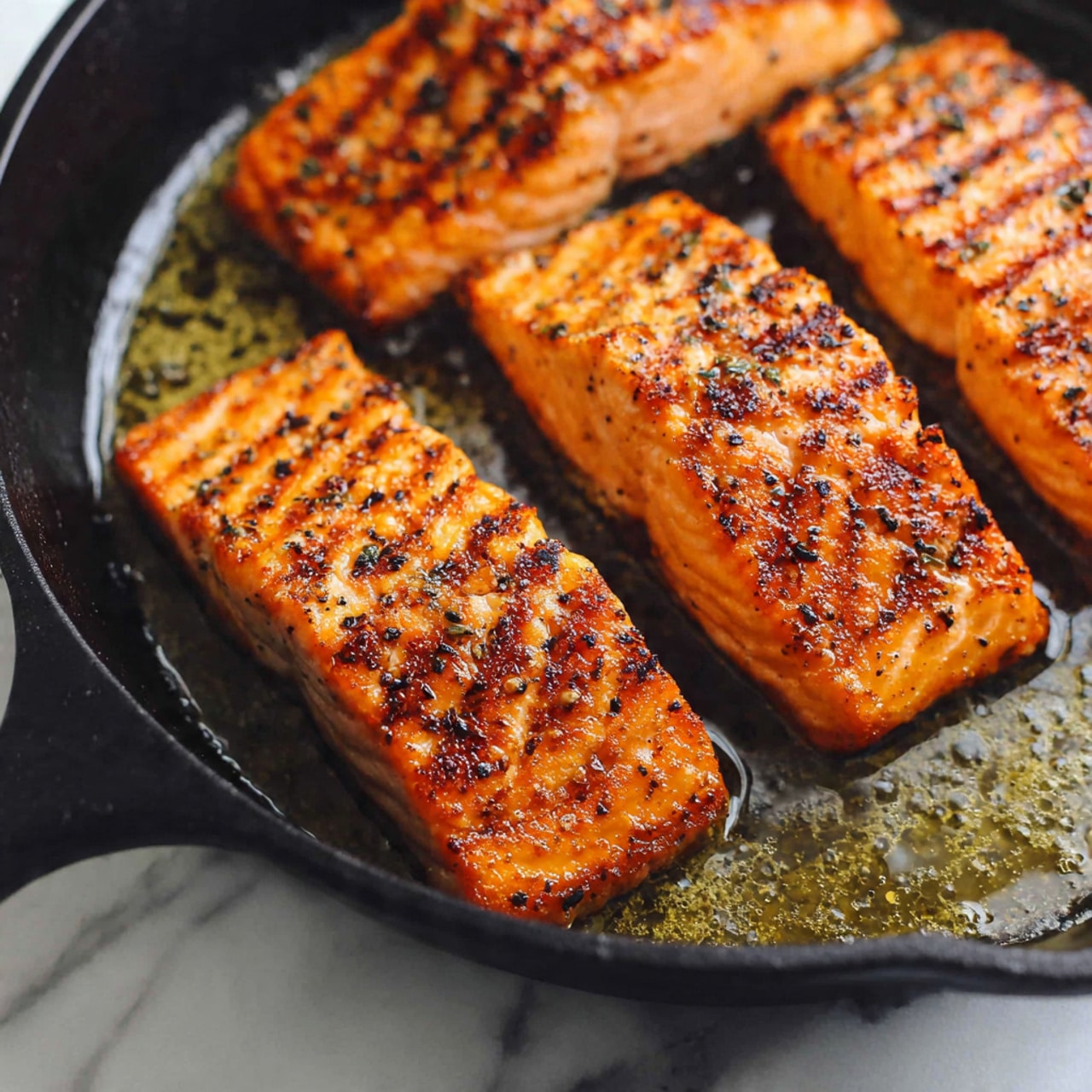 The image shows four pieces of cooked salmon fillets inside a black cast iron pan. Each fillet has a golden brown crust with visible grill marks and a slightly crispy, textured surface. The salmon pieces vary slightly in size but are thick and arranged close to each other, filling most of the pan. The pan holds some melted butter or oil around the salmon, creating a slight shine. The background is a white marbled texture. photo taken with an iphone --ar 4:5 --v 7