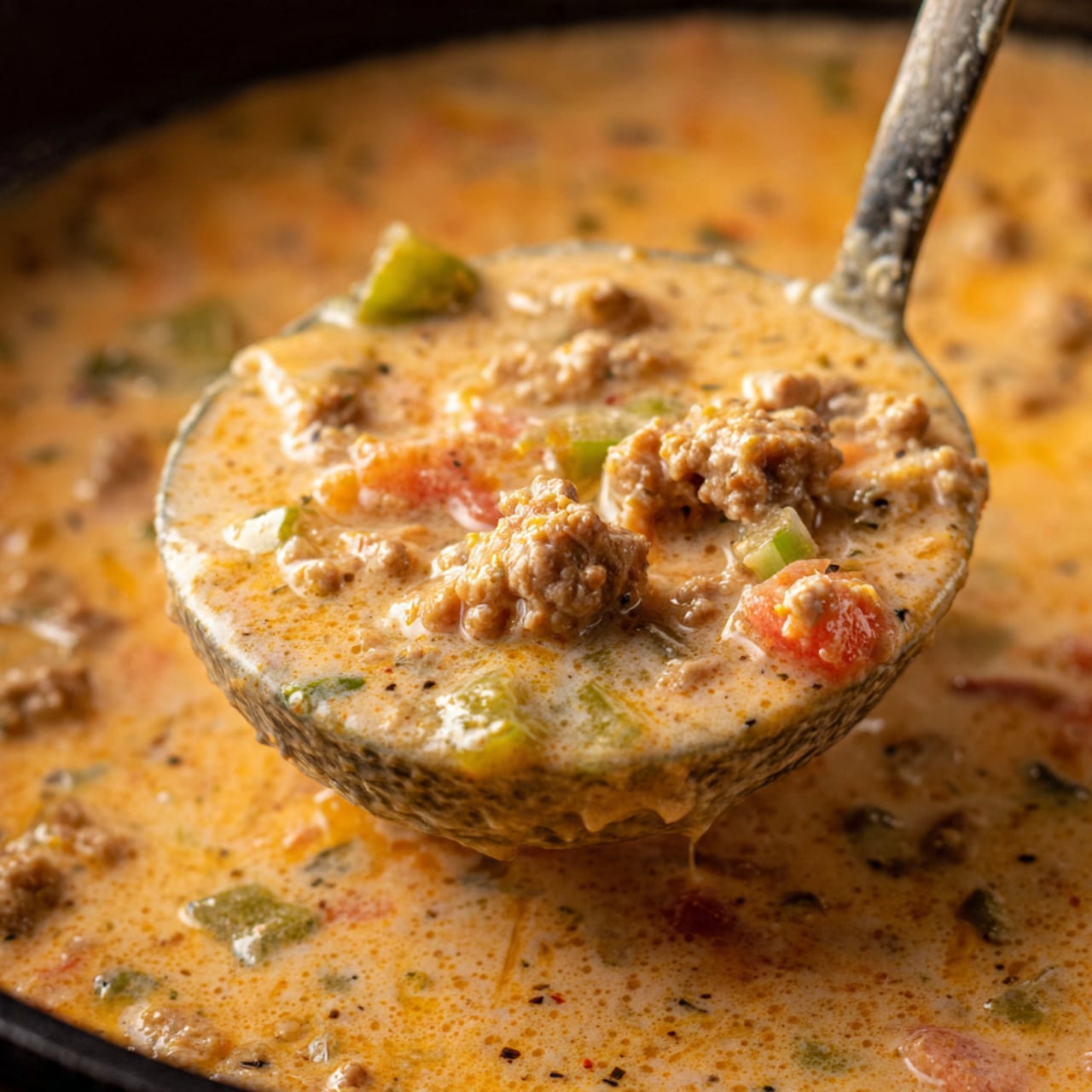 The image shows a close-up of a thick, creamy soup being lifted with a metal ladle. The soup has a pale orange color with chunks of ground meat and diced green vegetables mixed throughout. The texture looks smooth but with visible pieces, giving it a hearty appearance. The background is blurred but shows more of the soup, all in a black pot. Photo taken with an iphone --ar 4:5 --v 7