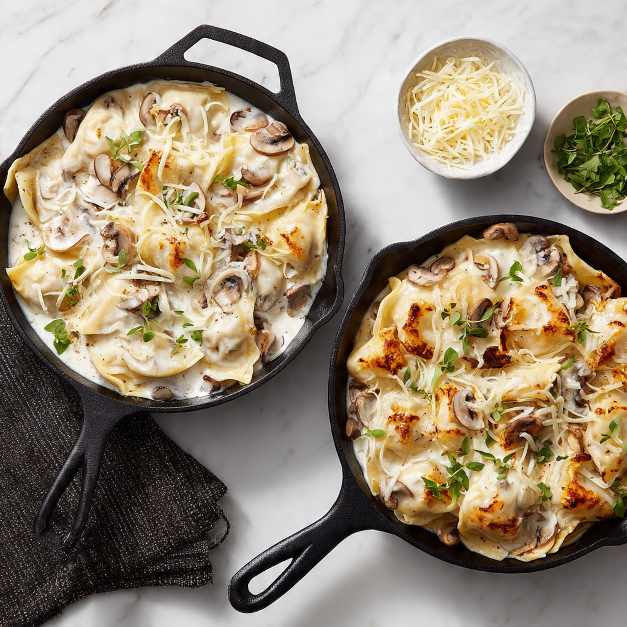 The image shows two black cast iron skillets, each filled with creamy pasta dishes placed on a white marbled surface. The left skillet contains a layer of large pasta pockets covered with a thick white cream sauce, topped with scattered light brown cooked mushroom pieces and a generous sprinkle of shredded white cheese. The right skillet shows the cooked dish with a golden brown crust forming on the pasta edges, swimming in the sauce with mushrooms mostly in the center, and small green herb leaves scattered on top. A small white bowl with shredded cheese and herbs sits in the top right corner next to the skillet on the right, accompanied by a dark textured cloth partially visible under the skillet handle. Photo taken with an iphone --ar 4:5 --v 7