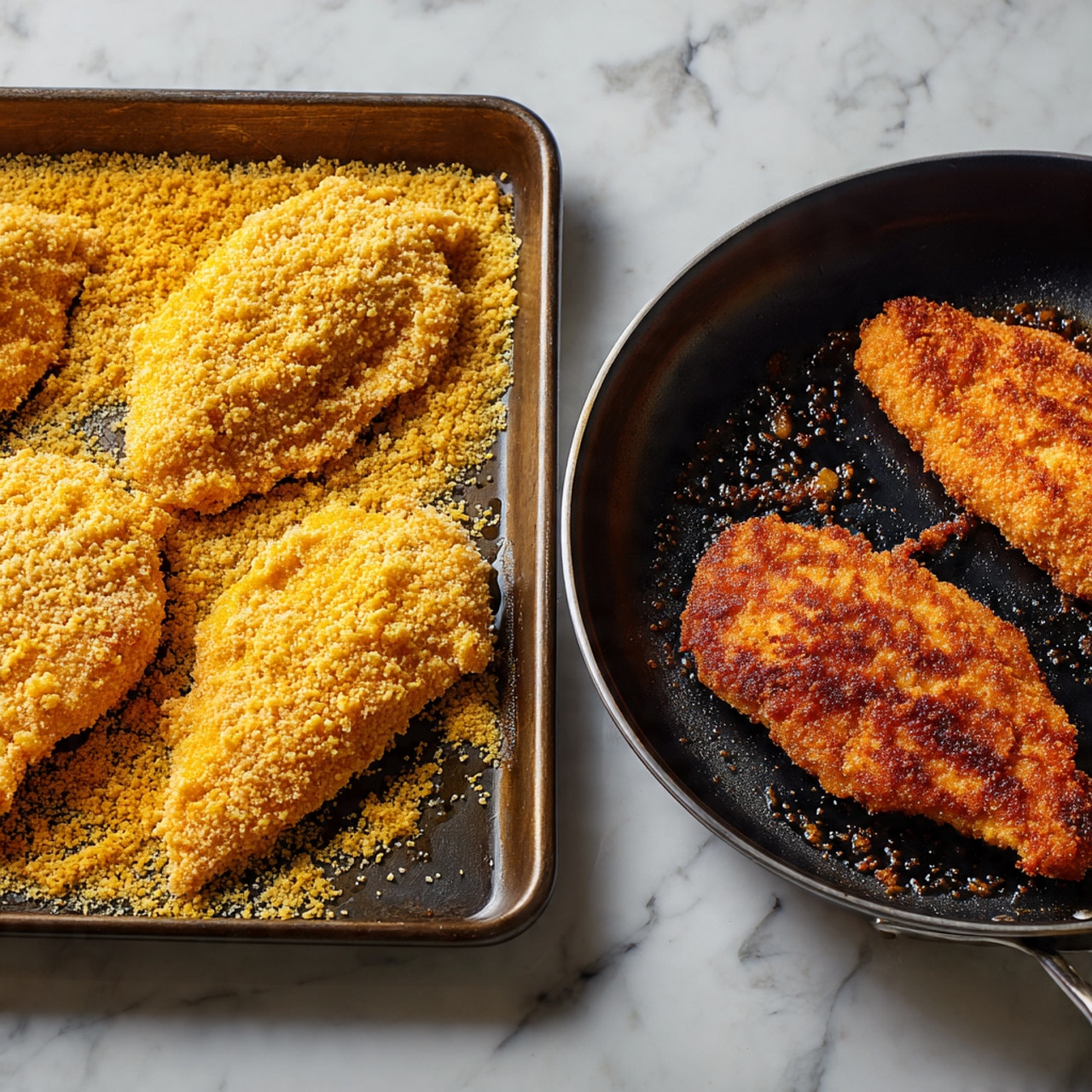 The image shows two breaded chicken pieces on a dark metal baking tray on the left side, covered in a yellow breadcrumb layer with a rough texture. On the right side, there are two cooked chicken pieces in a black frying pan, with a darker and crisp textured coating and some small oil spots around them. Both trays rest on a white marbled surface. photo taken with an iphone --ar 4:5 --v 7