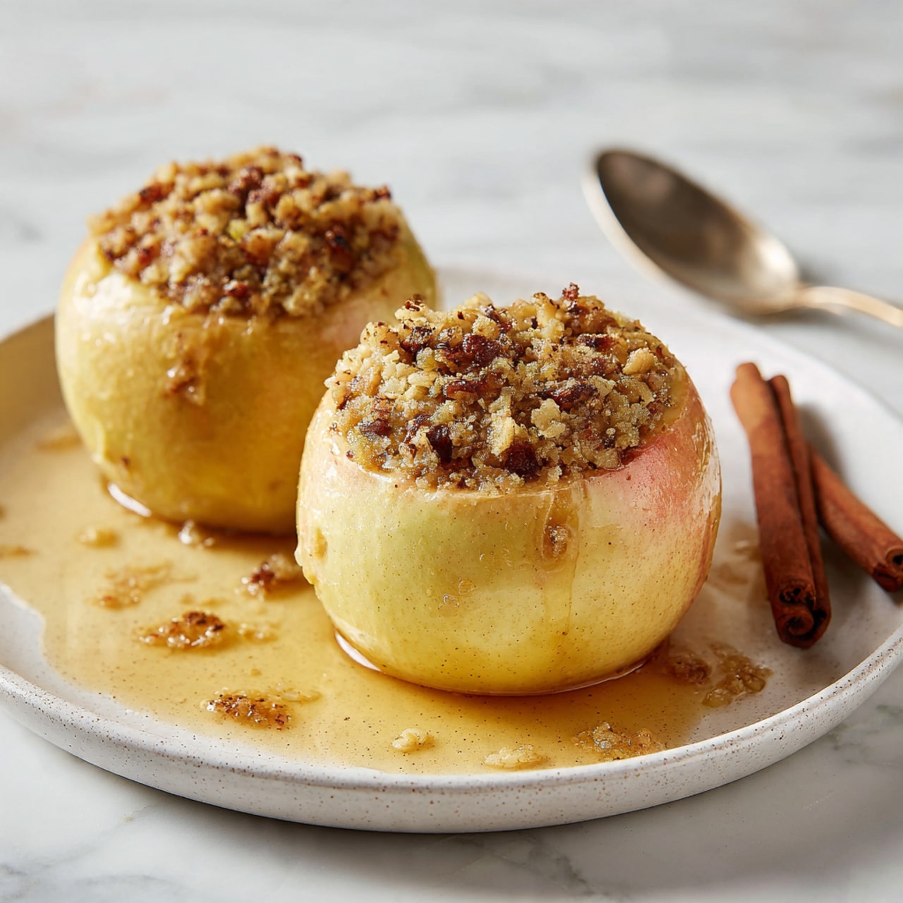 The image shows two round baked apples with a golden brown skin, filled with a crumbly oat and nut mixture that is slightly darker brown and textured with small chunks, sitting on a white plate with light brown speckles and syrup pooling around them. The apples look soft and shiny with a few wrinkles, and one apple is focused in the front center, while the other is placed slightly behind and off to the side. The plate is set on a white marbled surface, and part of a cinnamon stick and a spoon are visible near the edge of the plate. Photo taken with an iphone --ar 4:5 --v 7