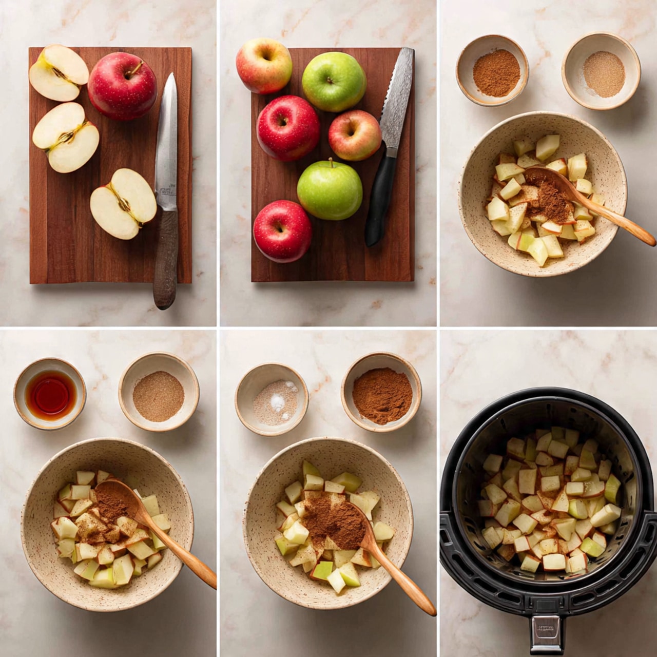 A white bowl filled with small, cubed pieces of cooked apples coated in cinnamon and sugar. The apple cubes show a warm golden-brown color with a slightly shiny texture from the cinnamon coating. A silver spoon holds several apple cubes above the bowl, focusing on the front, while the bowl is nearly full in the background. The bowl sits on a white marbled surface, and blurred shapes of red and orange fruits are faintly visible in the background. Photo taken with an iphone --ar 4:5 --v 7