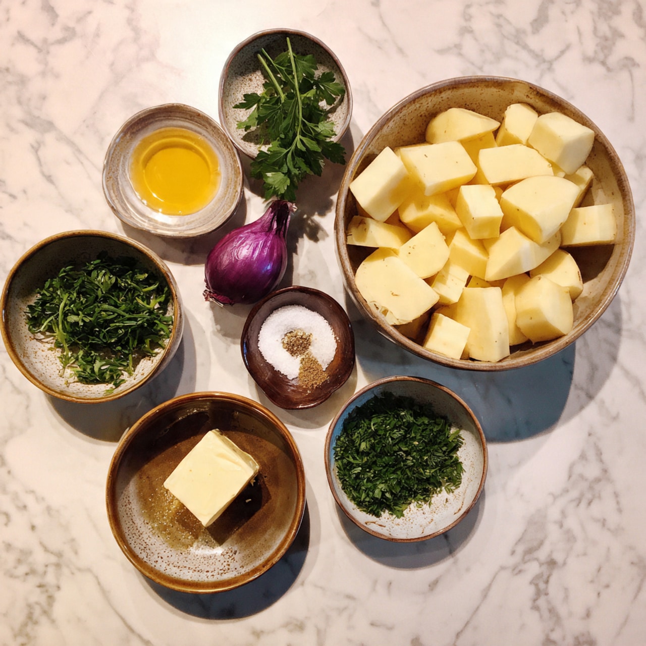 The image shows a white bowl filled with golden-brown roasted potato pieces, each shiny with a glaze that looks slightly sticky and speckled with red chili flakes. The potato chunks are roughly the same size, with some edges crispier and darker, giving a nice texture contrast. Small green herb bits, likely parsley or cilantro, are scattered evenly on top, along with a few white sesame seeds adding a mild crunch. The dish looks warm and flavorful, sitting on a white marbled surface. Photo taken with an iphone --ar 4:5 --v 7