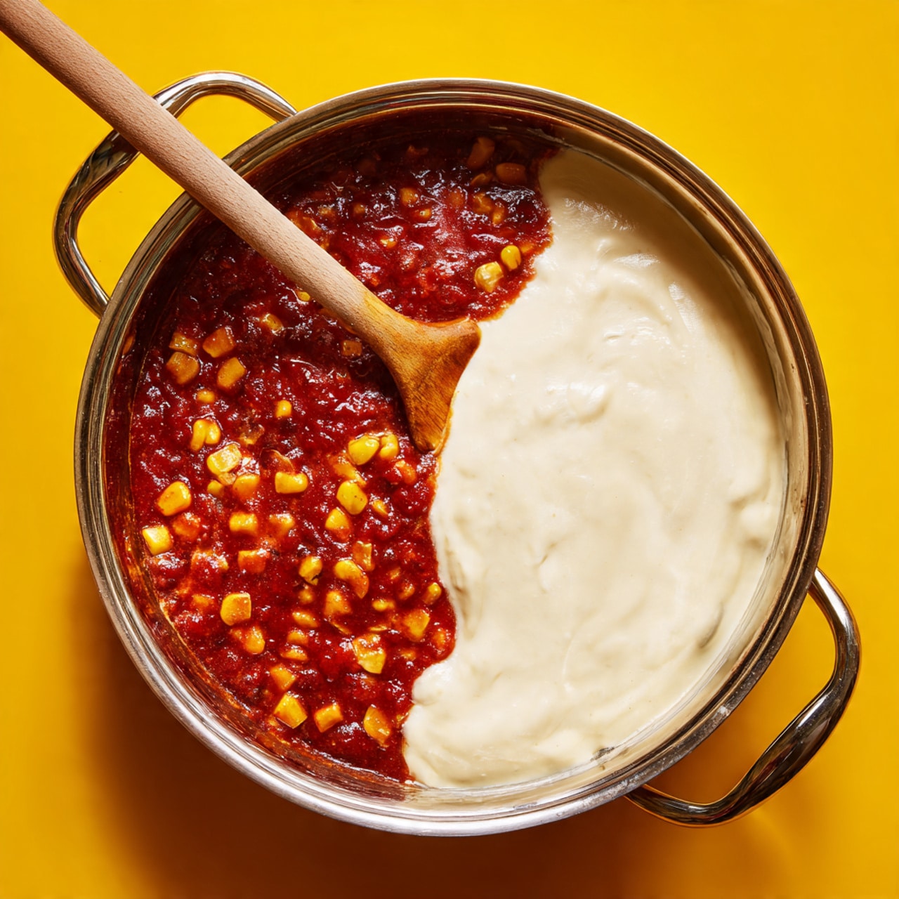 A white bowl holds three main layers: on the left side, a thick orange-red chickpea curry with round chickpeas and smooth sauce; on the right side, a mound of white rice piled neatly; next to the rice, two small pieces of toasted flatbread leaning against the bowl's edge, showing light brown charred spots. A small green parsley leaf sits on top at the border between curry and rice. A thin wooden spoon rests diagonally across the bowl, partially inside the curry. The bowl sits on a yellow surface with a blurred glass and bowl of flatbread in the background. photo taken with an iphone --ar 4:5 --v 7