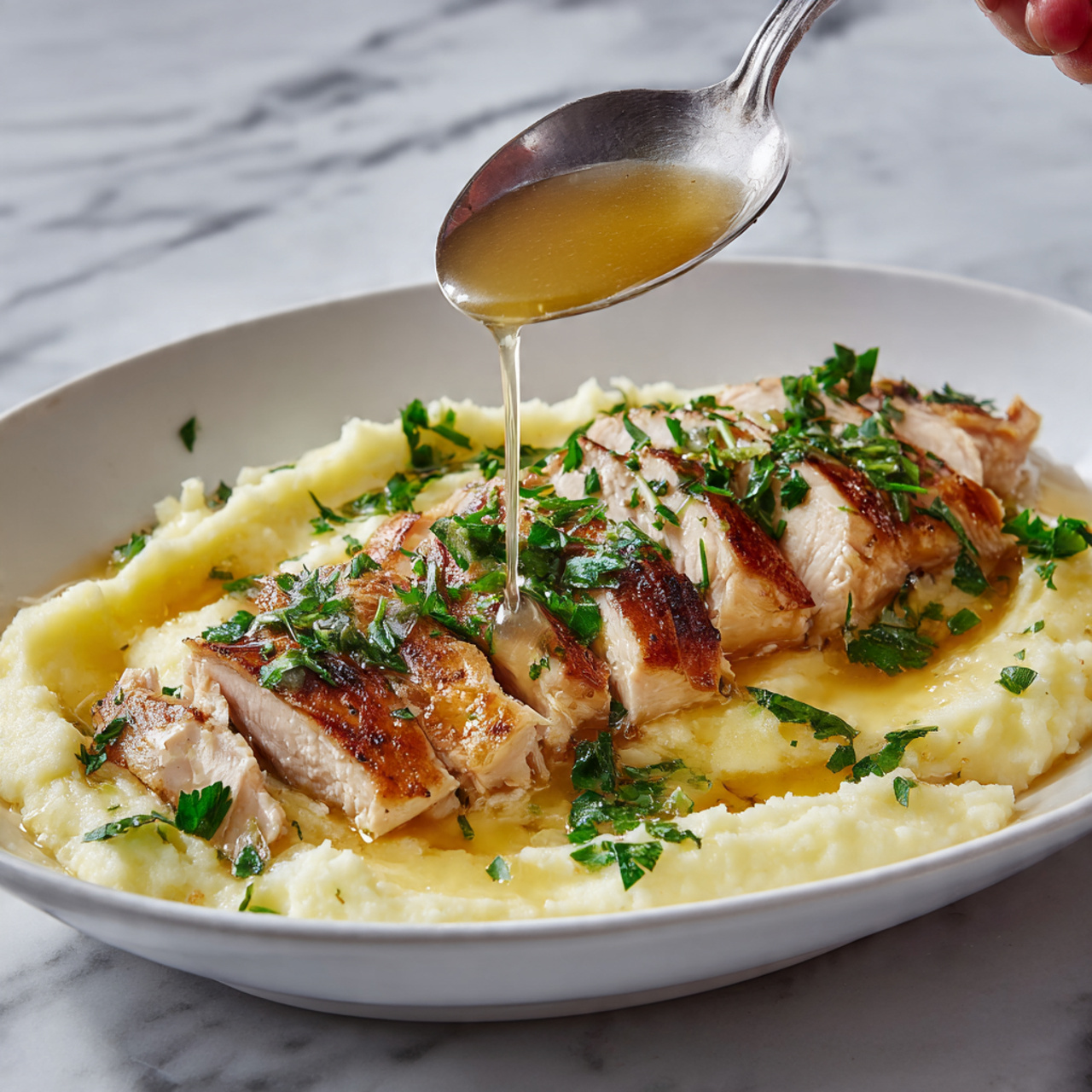 A white plate holds a layer of creamy mashed potatoes with a smooth, slightly textured surface, acting as the base. On top, there is a neat row of evenly sliced roasted chicken with a crispy, browned outer layer and tender light beige inside. Fresh green chopped parsley is sprinkled over the chicken, adding a bright contrast. A silver spoon held by a woman's hand is pouring a golden, clear broth over the chicken slices. The dish sits on a white marbled surface. photo taken with an iphone --ar 4:5 --v 7