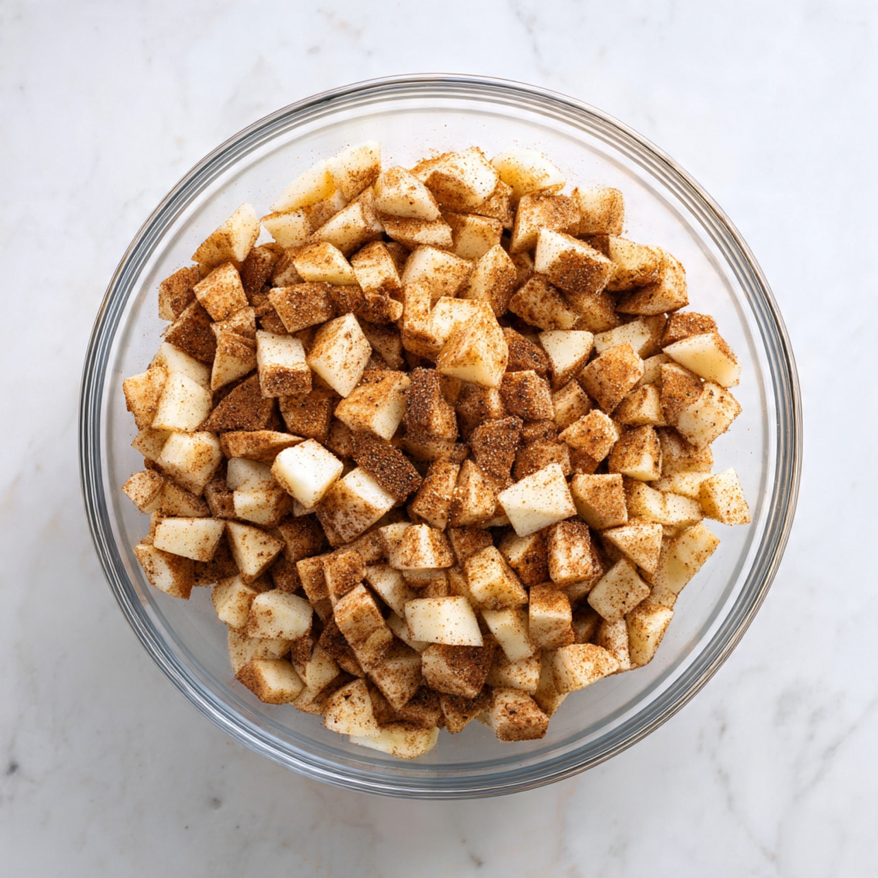 A clear glass bowl filled with small diced pieces of apple mixed with a light brown cinnamon spice coating. The apple pieces have a slightly translucent cream color with specks of dark brown cinnamon powder evenly spread throughout. The bowl sits on a white marbled texture surface, adding a clean and simple look to the scene. There are no additional layers, just the single layer of the spiced apple mixture inside the bowl. photo taken with an iphone --ar 4:5 --v 7