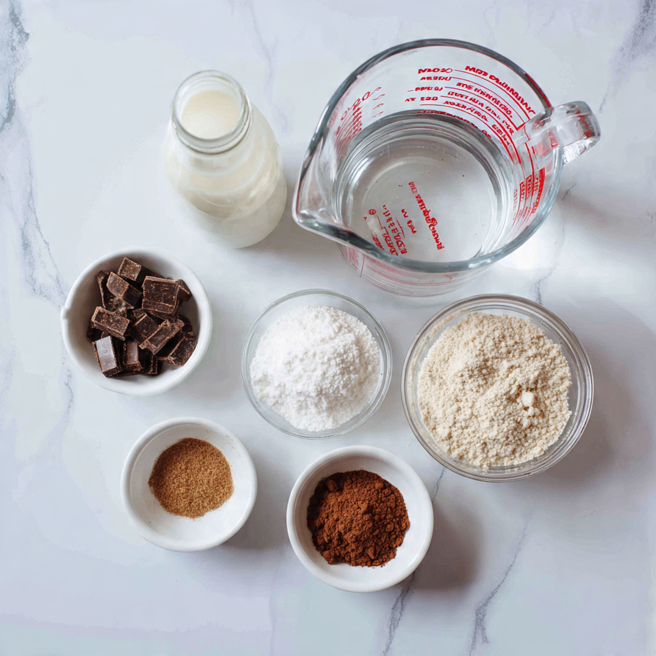 The image shows six small white bowls and a glass measuring cup arranged on a white marbled surface. The glass measuring cup is filled with clear water and has red measurement markings. One white bowl contains fine white powder, another has dark brown broken chocolate pieces, the third bowl holds light brown sugar, and the fourth small bowl contains a mix of cinnamon and salt powders. A small bottle of milk with a white cap is also present. The colors contrast nicely against the white marbled background. photo taken with an iphone --ar 4:5 --v 7