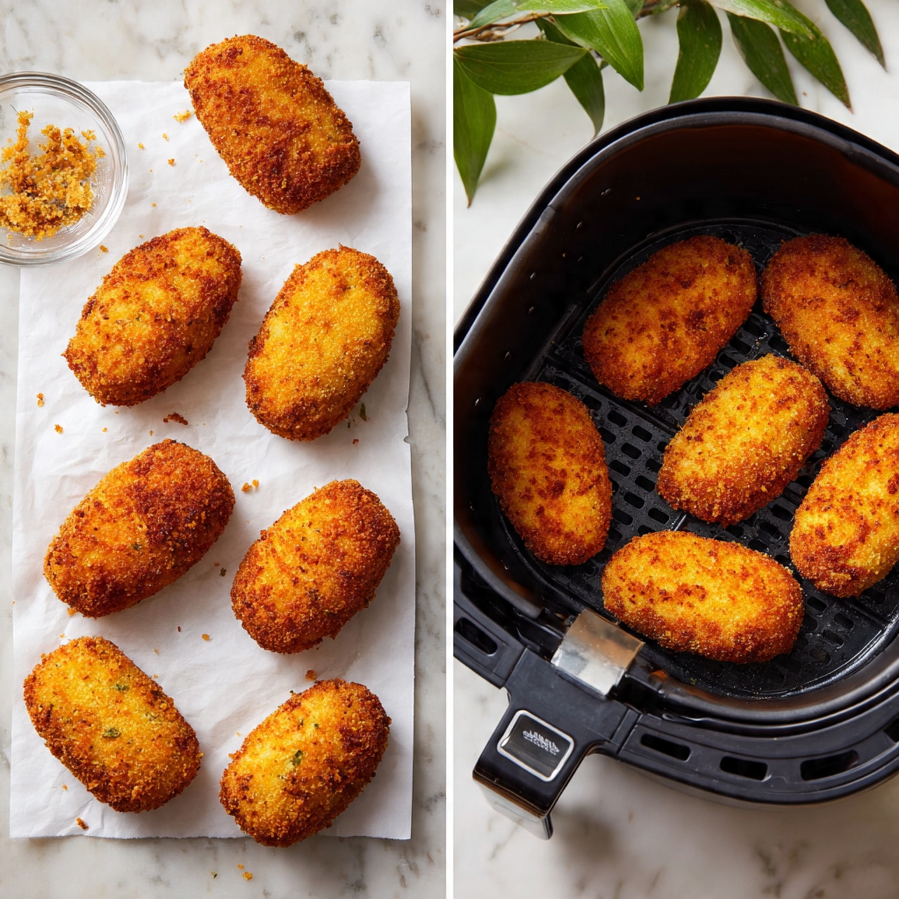 The image shows two parts: on the left side, there are seven pieces of breaded food with a light golden color and a rough texture, arranged on white parchment paper placed on a white marbled surface, with a clear bowl of crumbs nearby; on the right side, six similar pieces are evenly spaced inside a black air fryer basket, resting on the same white marbled surface, with some green leaves partially visible at the top right; the pieces are oval and have a crispy, crumb-coated look. Photo taken with an iphone --ar 4:5 --v 7