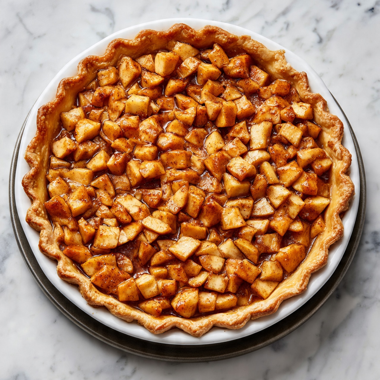 A round pie crust with scalloped edges sits flat inside a white pie dish, filled evenly with small, diced apple pieces that are mixed with spices and light syrup, spreading from edge to edge in one visible layer. The white pie dish rests on a round dark baking tray, which is placed on a white marbled surface. Photo taken with an iphone --ar 4:5 --v 7