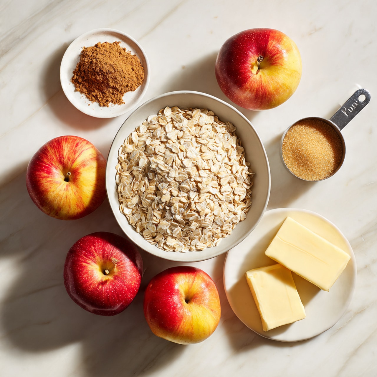 The image shows a variety of cooking ingredients arranged on a white marbled surface. In the center, there is a white bowl filled with light beige rolled oats. Around the bowl, there are five whole apples with red and yellow skin. To the top left of the oats, a small white dish holds a mound of cinnamon powder, while to the top right, a metal measuring cup is filled with light brown sugar. On the bottom right, a white plate holds two small slices of pale yellow butter. The whole scene is clean and softly lit, giving a fresh and simple look. Photo taken with an iphone --ar 4:5 --v 7