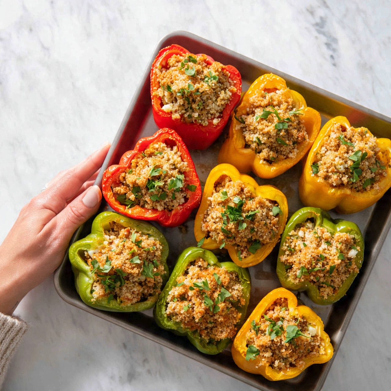 A tray holds eight white bell pepper halves filled with a crumbly, light brown stuffing. The peppers are red, yellow, and green, each filled generously with the stuffing that has a rough texture on top. The tray is placed on a white marbled surface. A woman's hand is holding the corner of the tray. photo taken with an iphone --ar 4:5 --v 7