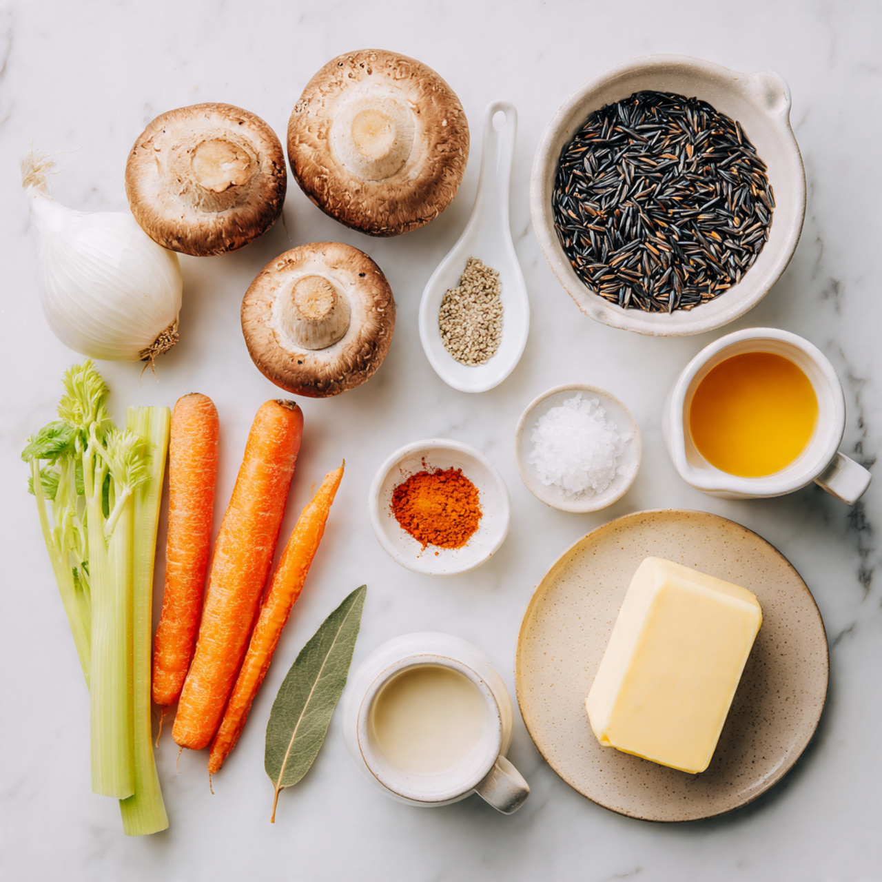The image shows a flat lay of fresh ingredients on a white marbled surface, featuring three whole brown mushrooms with smooth caps near the center left, three bright orange carrots with visible small roots aligned vertically at the bottom left, and three green celery sticks with leaves arranged close to the mushrooms and carrots. Two pieces of white onion with a firm texture are placed near the mushrooms, and three garlic cloves with a pale cream color are positioned near two small white spoons holding salt and black pepper. A white plate holds bright orange-red chili powder with a bay leaf on it. A small white cup of creamy white liquid and a similar cup of golden-yellow honey sit near the center on the right. At the bottom right, a beige plate holds a smooth, rectangular slab of pale yellow butter. In the center, a white bowl is filled with uncooked black wild rice, its long grains creating a dark contrast with the light background. photo taken with an iphone --ar 4:5 --v 7