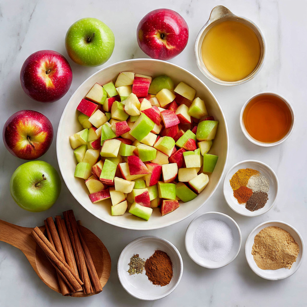 The image shows a large white bowl filled with about two layers of mixed chopped apples in red, green, and yellow colors with their skin on. Around the bowl are whole apples in red, green, and yellow shades scattered on a white marbled surface. To the right of the bowl, there are small white bowls holding brown cinnamon sticks and powder, a thick amber liquid, light yellow apple juice or vinegar, and white granulated sugar with a wooden spoon. A small round bowl contains some whole spices and ground powders in light brown, dark brown, and white colors. The arrangement of apples and spices is neat and bright, with a clear focus on the fresh and natural ingredients. Photo taken with an iphone --ar 4:5 --v 7