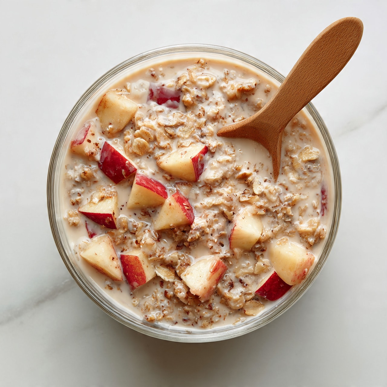 A clear glass bowl filled with a mixture of light brown oats soaked in a milky beige liquid, with pieces of red and cream-colored apple chunks scattered evenly throughout. A wooden spoon with a smooth texture is partly in the bowl on the right side, resting on the mixture. The bowl is placed on a white marbled surface, and the overall colors are soft browns, reds, and creamy tones. Photo taken with an iphone --ar 4:5 --v 7