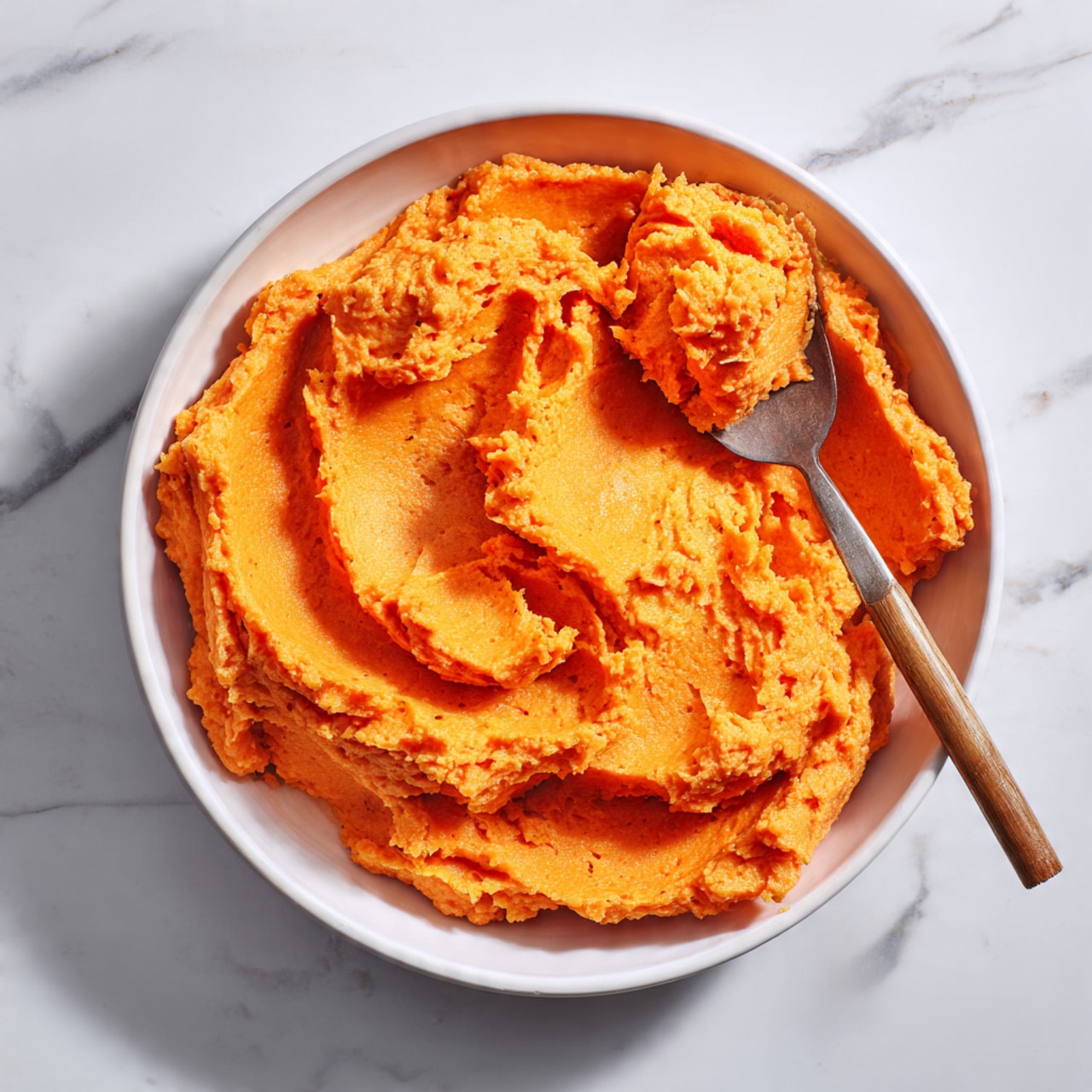 A white bowl holds several thick slices of bright orange mashed sweet potato stacked unevenly, showing a soft and fibrous texture, with some chunks between the layers. A spoon with a wooden handle rests on the edge of the bowl with some mashed sweet potato on it. The bowl sits on a white marbled surface. photo taken with an iphone --ar 4:5 --v 7