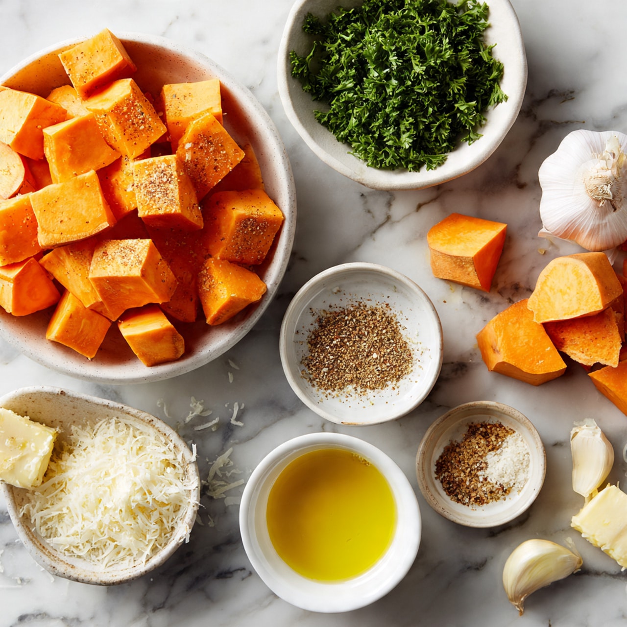 Garlic Parmesan Roasted Sweet Potatoes Recipe - Recipe Image