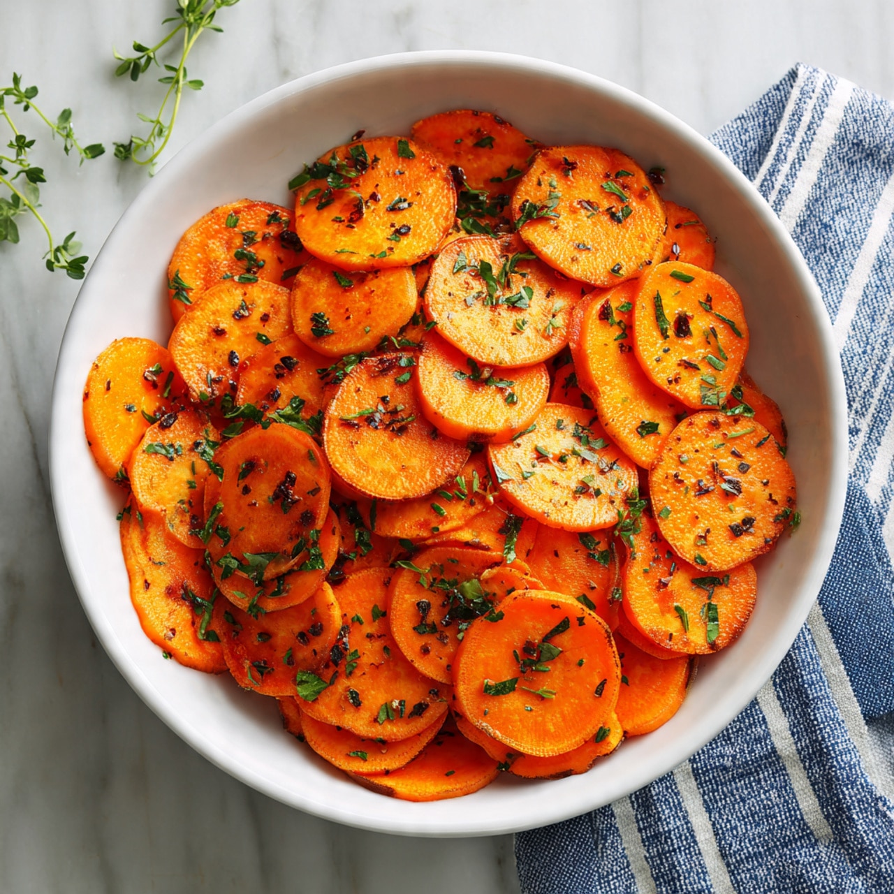 The image shows a white bowl filled with thin, round slices of bright orange sweet potatoes. The slices are layered loosely with some overlapping, and sprinkled with small green herb bits and black pepper pieces. The bowl sits on a white marbled surface with a blue and white striped cloth nearby and small sprigs of green herbs scattered around. The overall look is simple and fresh, focusing on the vibrant color and texture of the sweet potato slices photo taken with an iphone --ar 4:5 --v 7