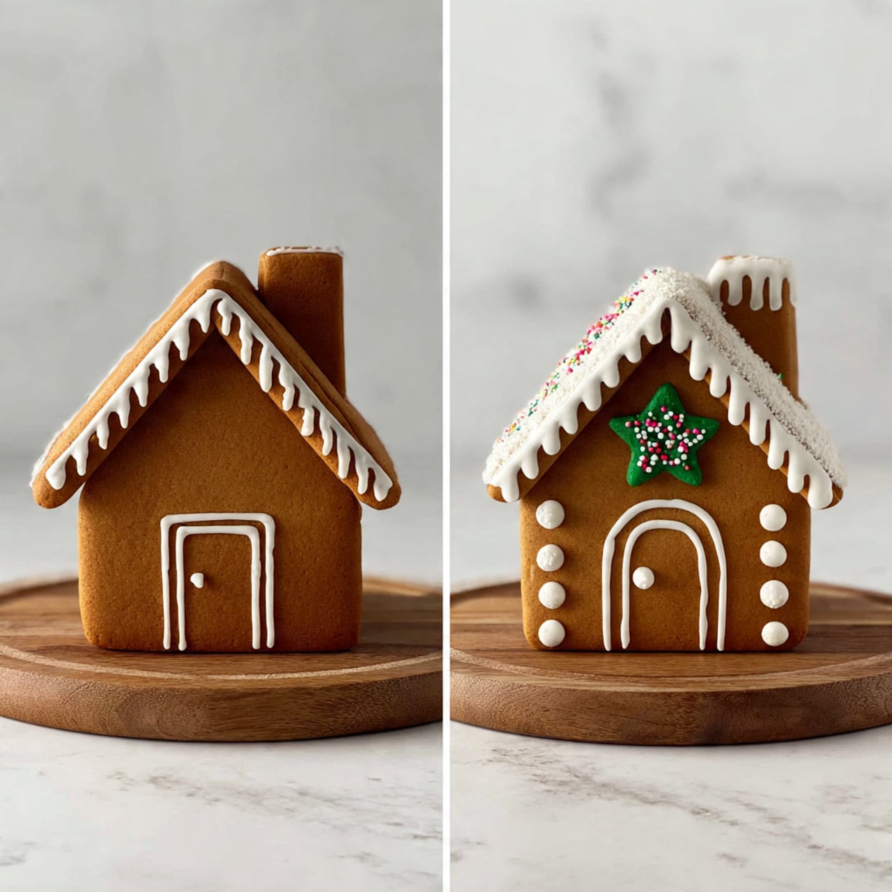 The image shows two small gingerbread houses on round wooden boards, each with a simple square base and triangular roof. The house on the left is plain with smooth brown walls and roof, edged with white icing along the corners, roof ridges, and chimney top. The house on the right is decorated with white icing covering the roof like snow, round white candy dots on the roof edges, a door made of white round candies in the center, and a green star-shaped candy with red and white sprinkles above the door. Both houses sit on wooden boards placed on a white marbled surface. photo taken with an iphone --ar 4:5 --v 7