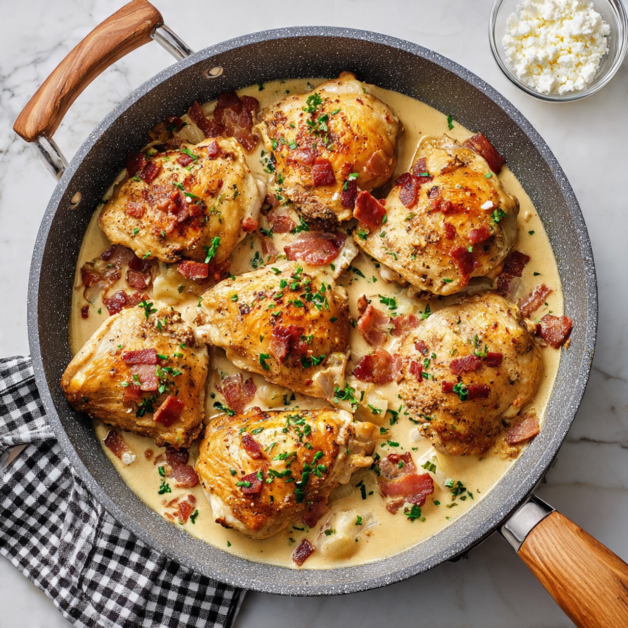 In a deep gray speckled pan with wooden handles, there are about nine golden brown chicken pieces in a creamy light tan sauce. The sauce has bits of browned bacon and small green herb leaves scattered on top. The chicken pieces are arranged close together, some laying flat and others slightly tilted, showing a crispy texture on top. The pan is sitting on a white marbled surface with a black and white checkered cloth partly under it, and a small clear glass bowl with white cheese crumbles is beside the pan. Photo taken with an iphone --ar 4:5 --v 7