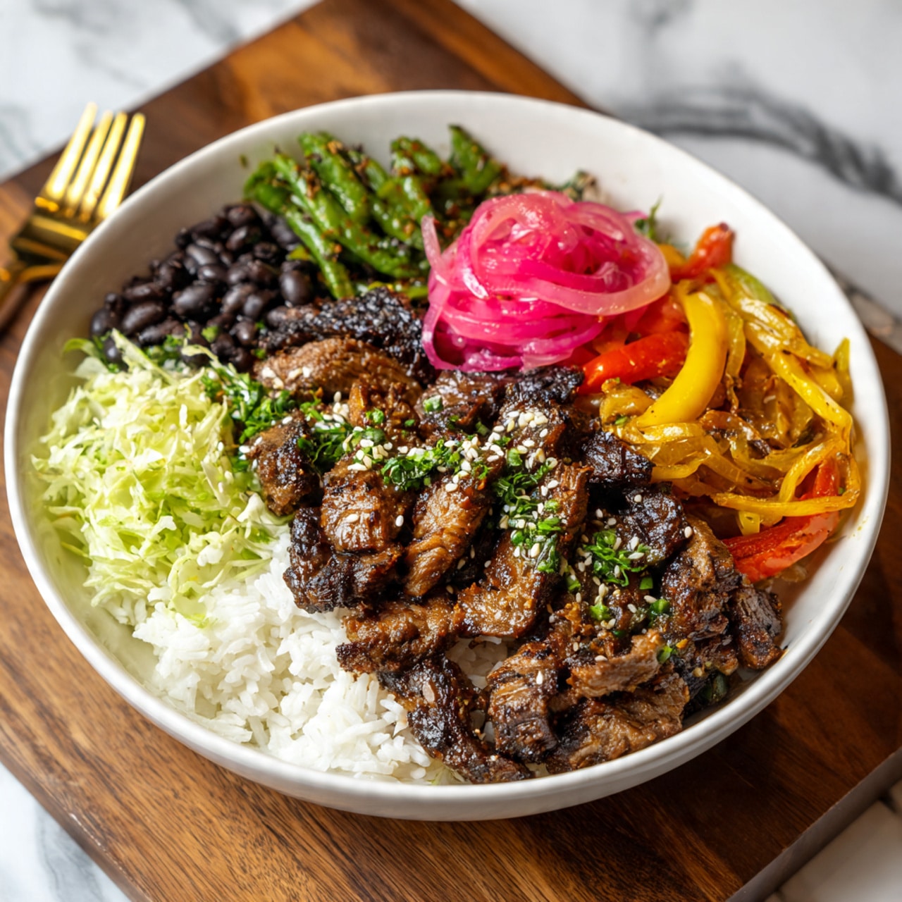 The image shows a white bowl filled with four layers of food arranged side by side. The bottom layer is white rice that covers the whole base. On one side, there are dark brown grilled meat pieces with a slightly charred texture, sprinkled with white sesame seeds and some green herbs. Next to the meat are light green shredded lettuce topped with pinkish-red raw onion rings. Adjacent to the lettuce is a section of bright yellow and orange grilled bell peppers mixed with green grilled green beans. On top of the pepper layer, there is a small pile of shiny, black beans. The bowl sits on a wooden surface with a gold fork nearby, and the background shows a white marbled texture. Photo taken with an iphone --ar 4:5 --v 7