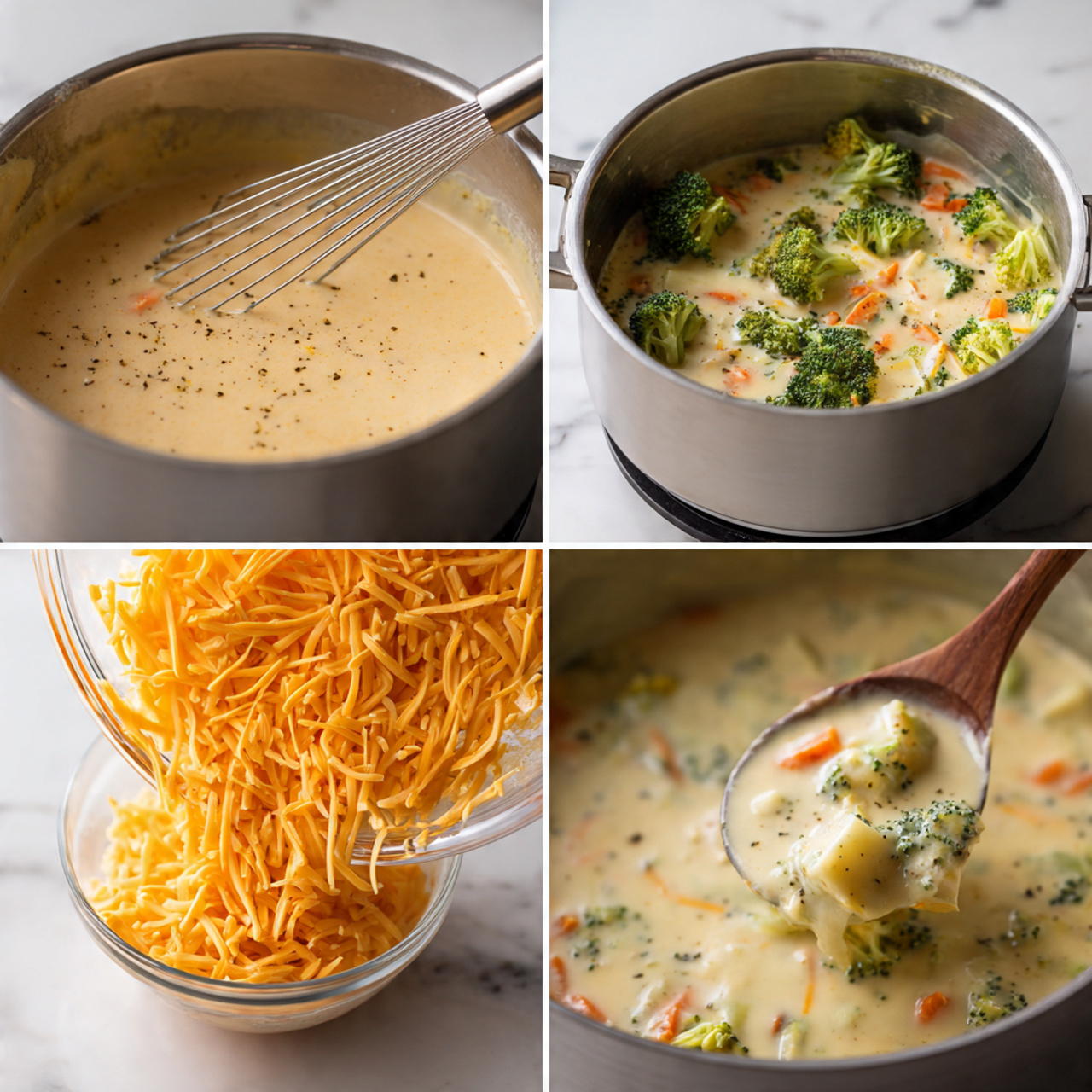 The image shows a creamy broccoli cheese soup in four stages inside a silver pot on a stove with a white marbled surface. The first stage has a thick, light beige creamy sauce with black pepper specks and a whisk resting inside. The second stage shows the creamy soup filled with green broccoli florets and small orange carrot pieces while a woman's hand lifts the pot’s lid. In the third stage, a layer of shredded orange cheddar cheese is being poured from a clear bowl into the soup, creating an orange contrast on top of the thick creamy mix of vegetables. The final stage captures a close-up of a spoon lifting the chunky soup, revealing a creamy white base with bright green broccoli and tender orange carrot pieces mixed throughout. Photo taken with an iphone --ar 4:5 --v 7