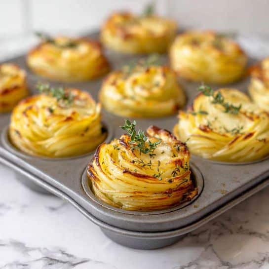 The image shows a metal muffin tray with several sections filled with a dish made of thinly sliced potatoes layered tightly in a circular pattern. Each portion looks golden brown on the edges, with a smooth, creamy yellow top that has a slightly browned, baked cheese or sauce layer. A small sprig of green herb, possibly thyme, rests on top of each portion. The potato slices are visible around the sides as thin, crisp layers stacked closely together. The tray is placed on a surface with a white marbled texture. photo taken with an iphone --ar 4:5 --v 7